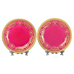 Pair of French WG & Co Limoges Crimson & Gilt Porcelain Cabinet Plates - 7.7in