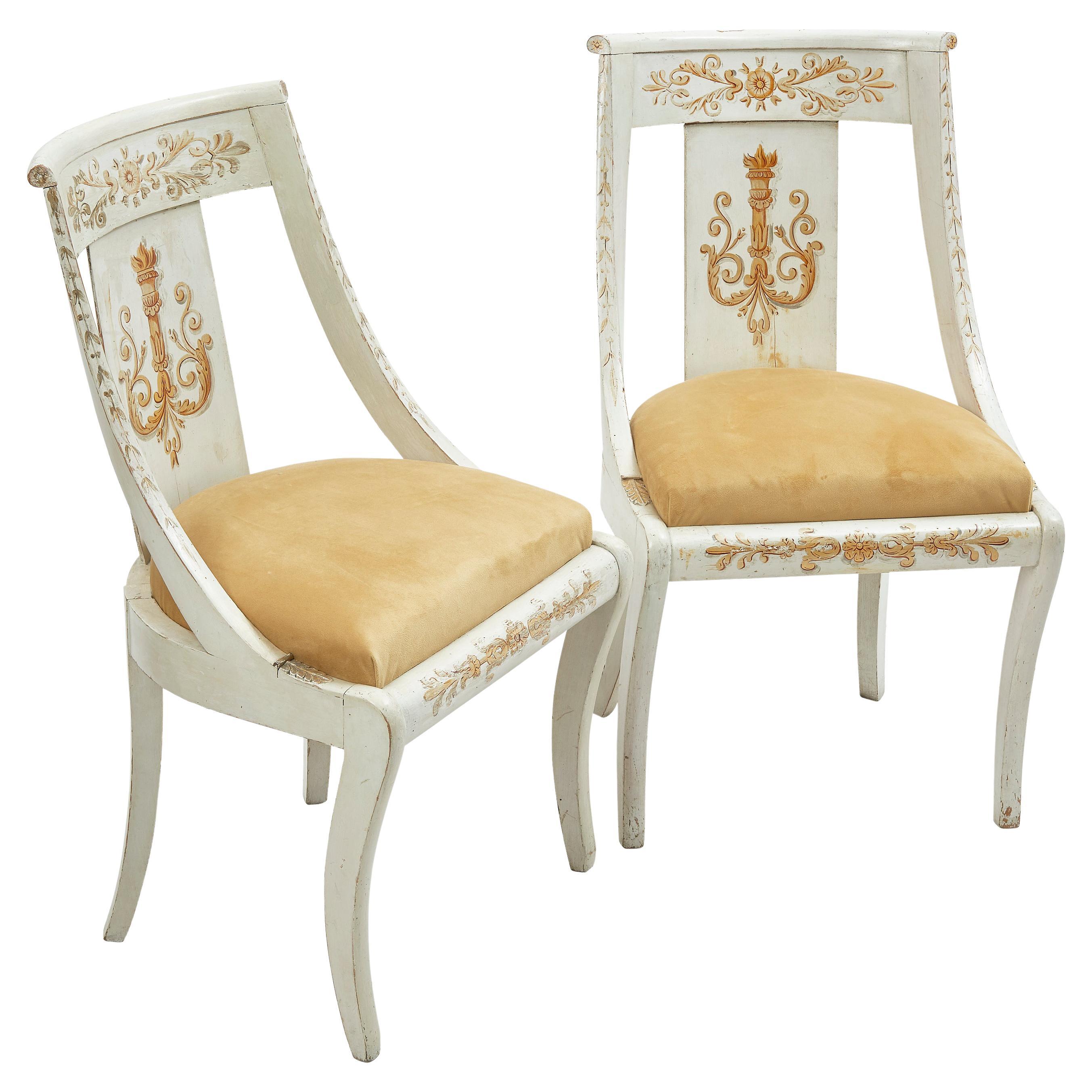 Pair of French White and Gilt Empire Chairs, c.1820 For Sale