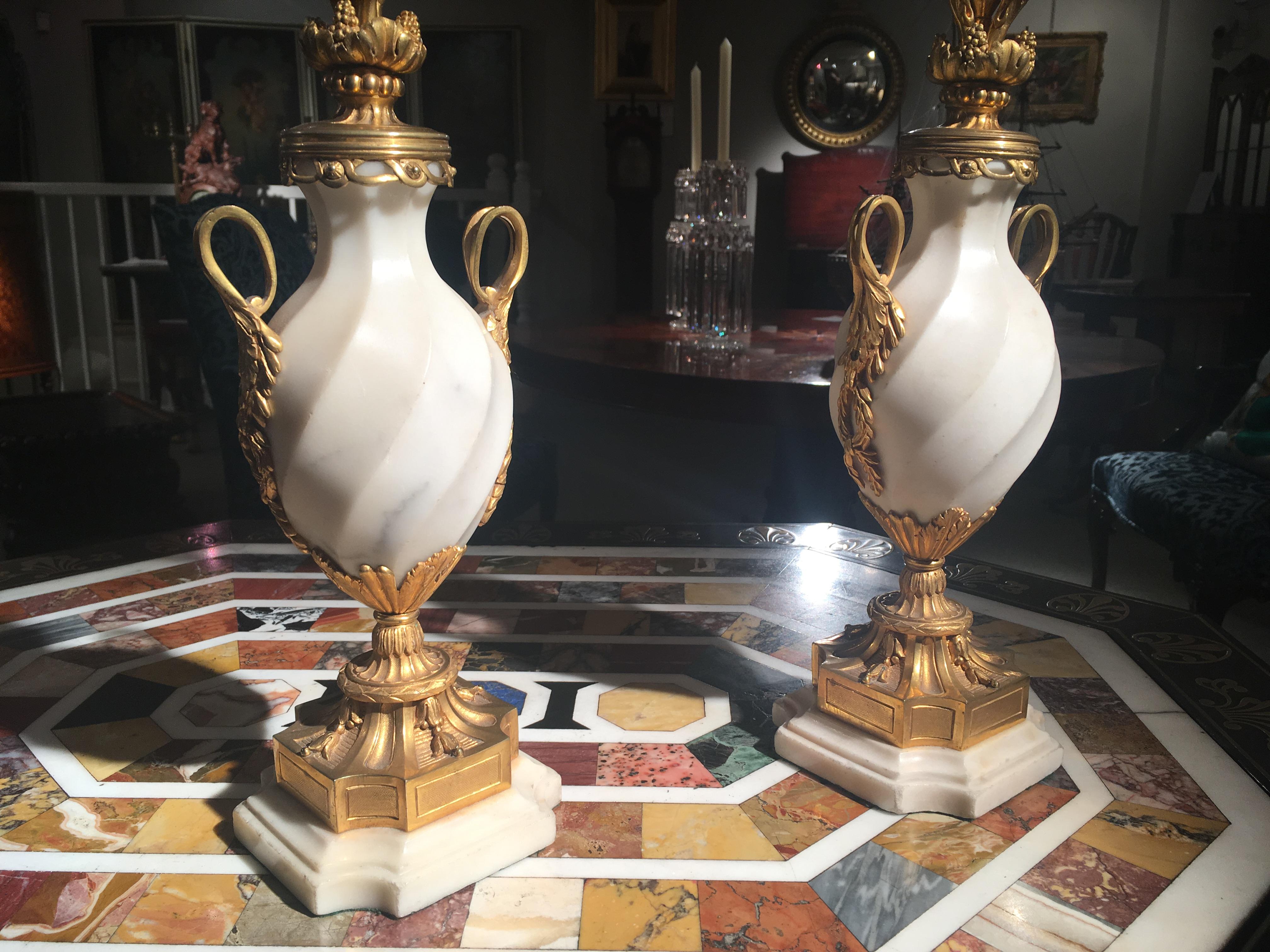 Pair of French White Carrara Marble and Gilt Candelabra, 19th Century In Good Condition For Sale In London, GB