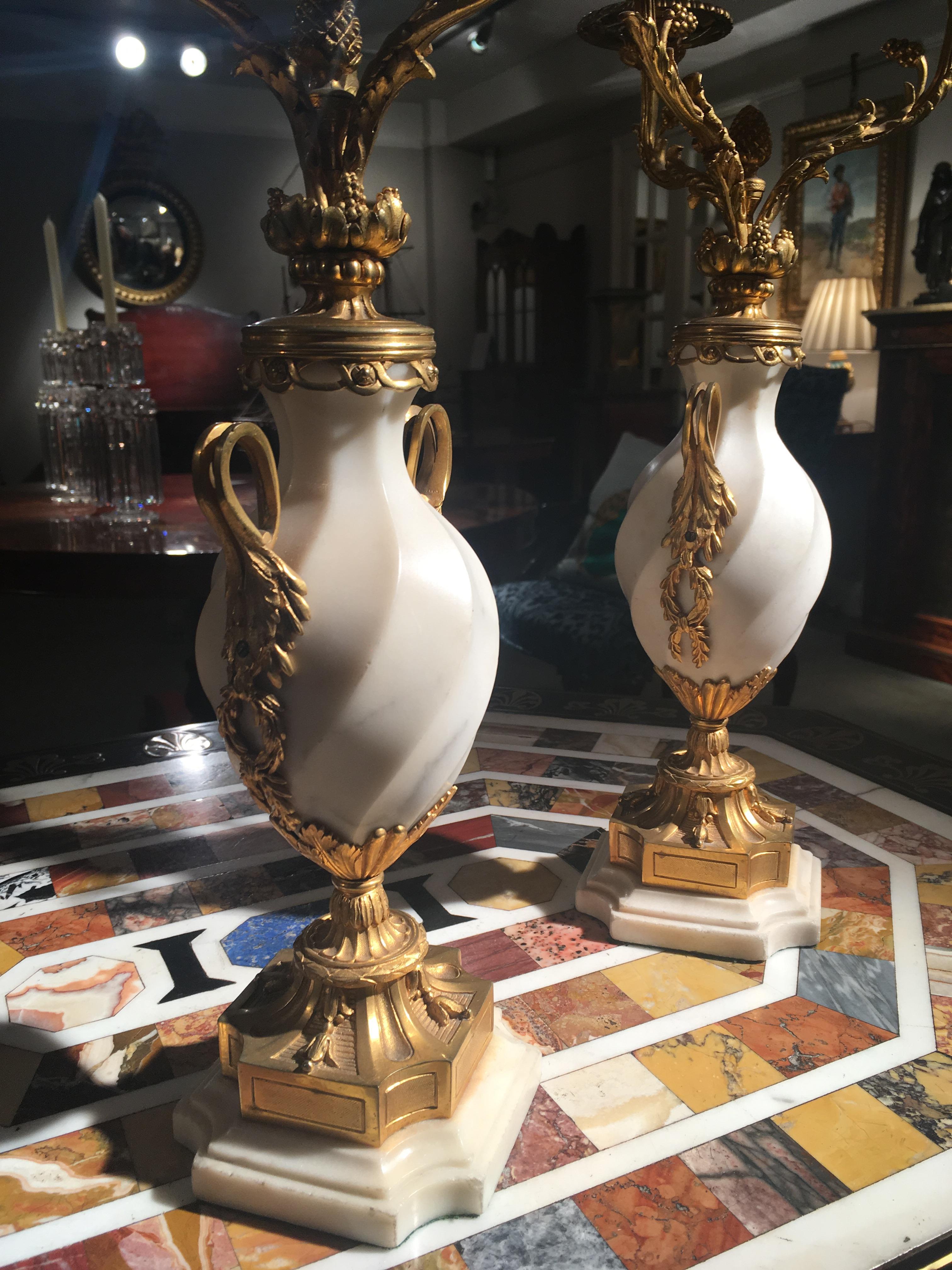Ormolu Pair of French White Carrara Marble and Gilt Candelabra, 19th Century For Sale