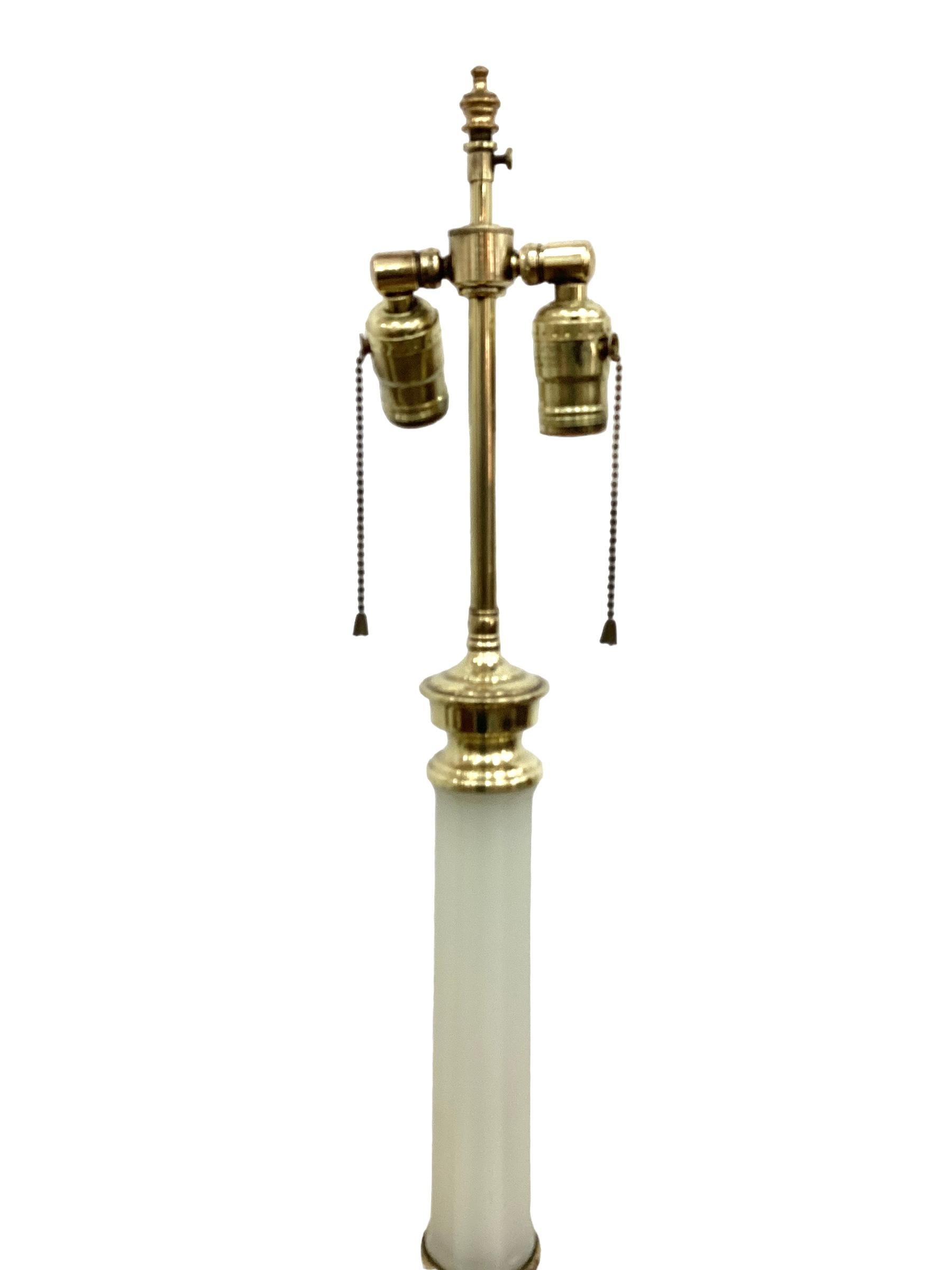 Pair of French White Opaline Column Lamps with Brass Fittings For Sale 1