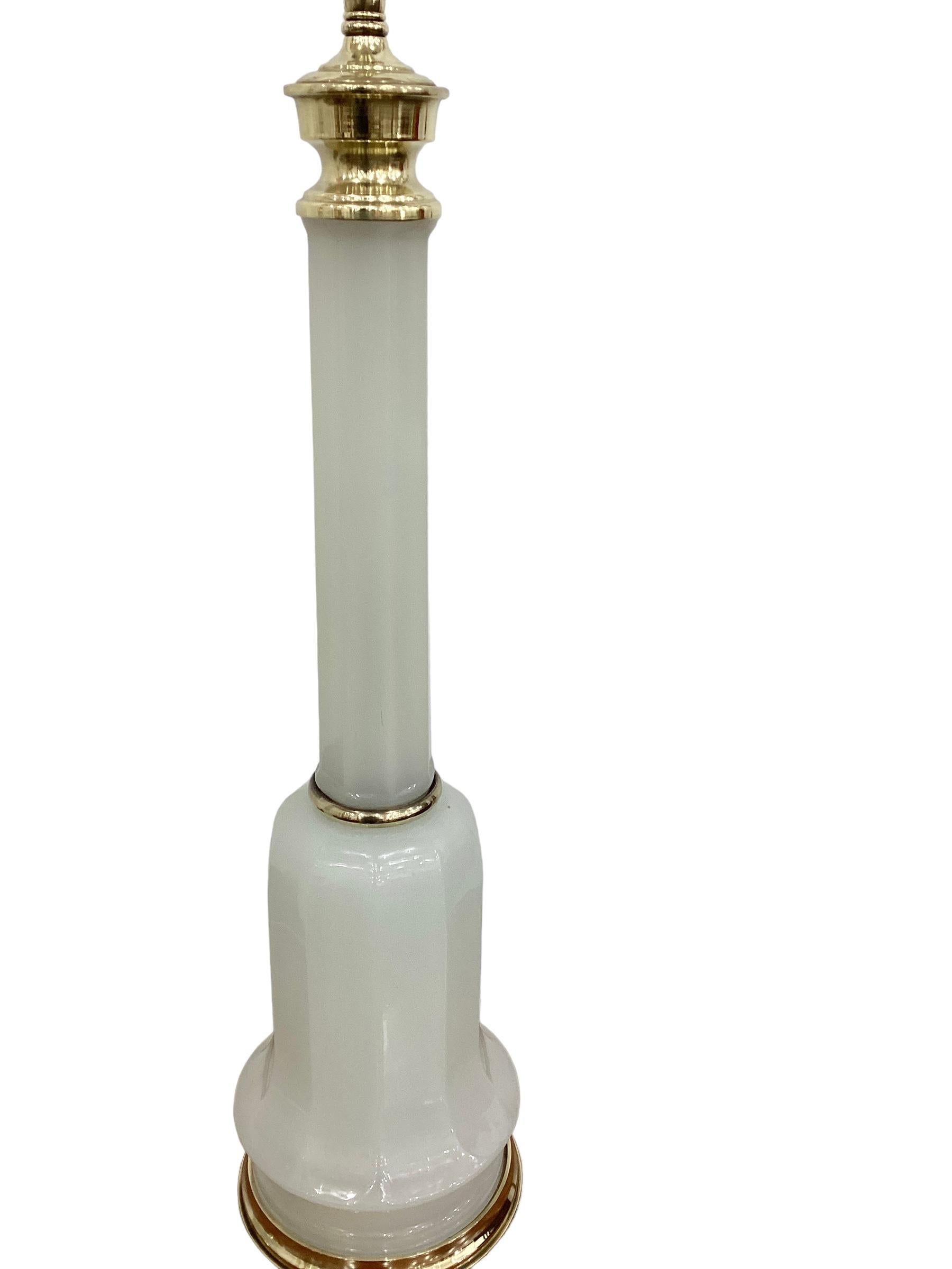 Pair of French White Opaline Column Lamps with Brass Fittings For Sale 2