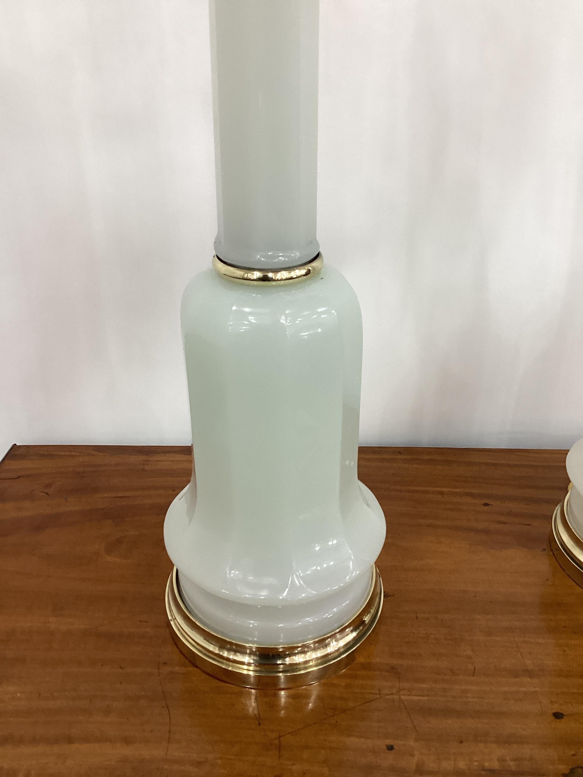 Pair of French White Opaline Column Lamps with Brass Fittings For Sale 4