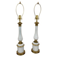 Pair of French White Opaline Lamps with Bronze Mounts