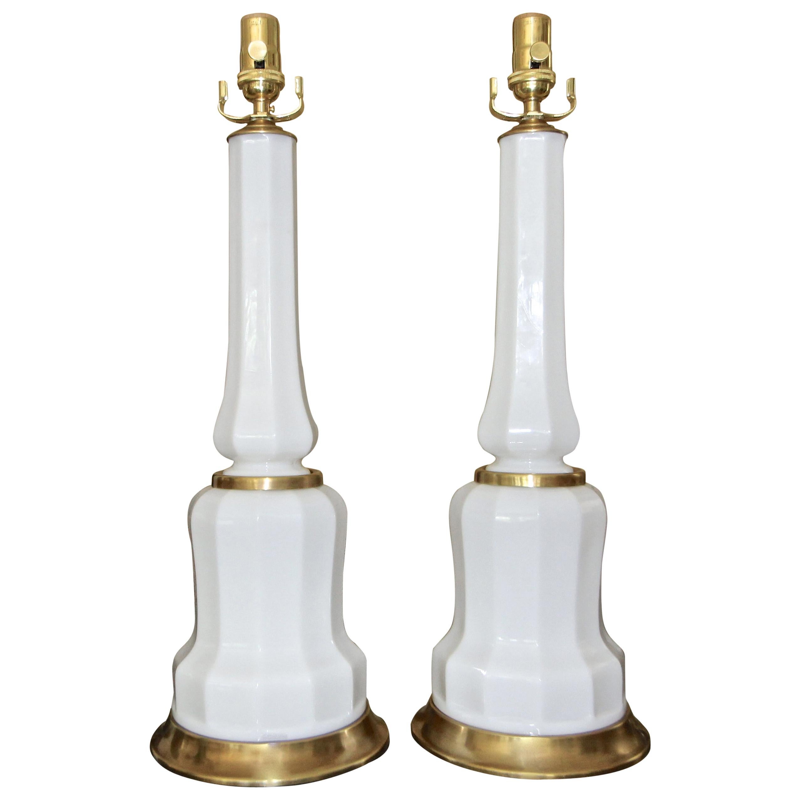 Pair of French White Opaline Table Lamps