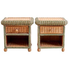 Vintage Pair of French Wicker Nightstands Attributed to Grange