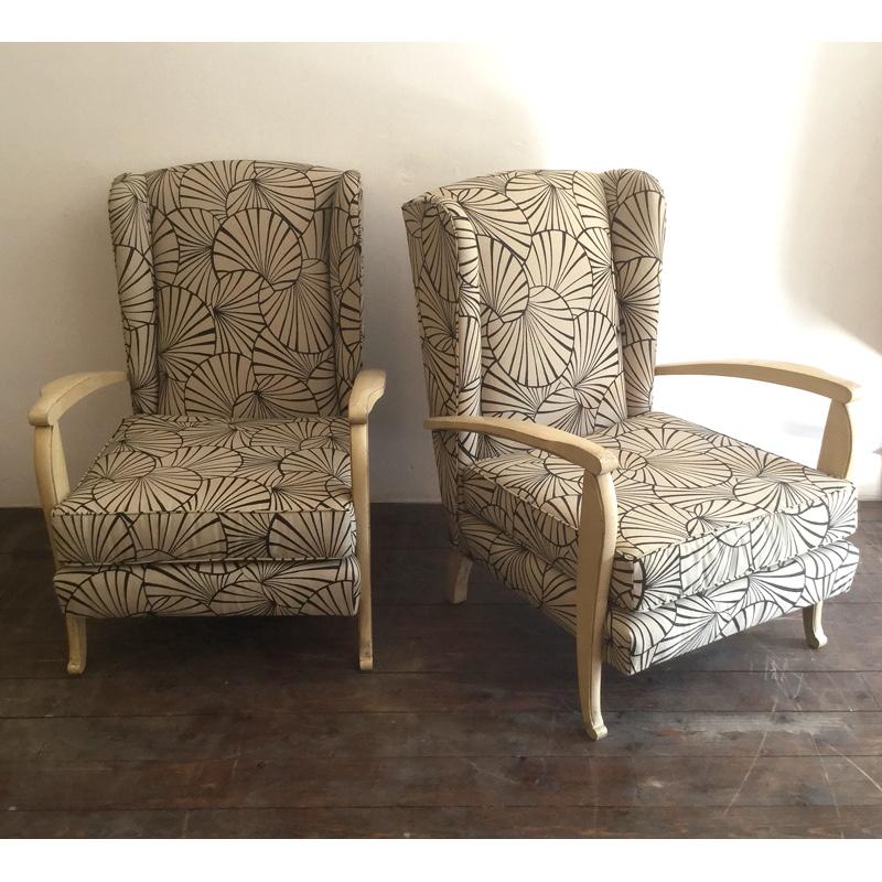 Pair of wingback French lounges armchairs, newly upholstered.
  