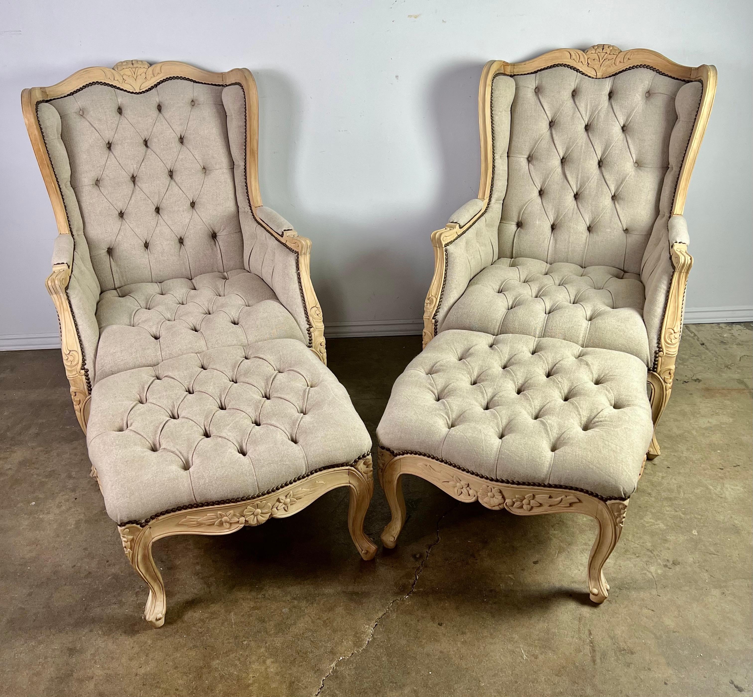 Louis XV Pair of French Wingback Armchairs w/ Ottomans For Sale