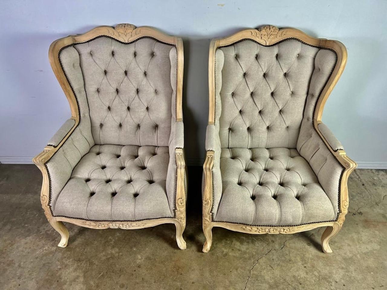 Louis XV Pair of French Wingback Armchairs w/ Ottomans For Sale