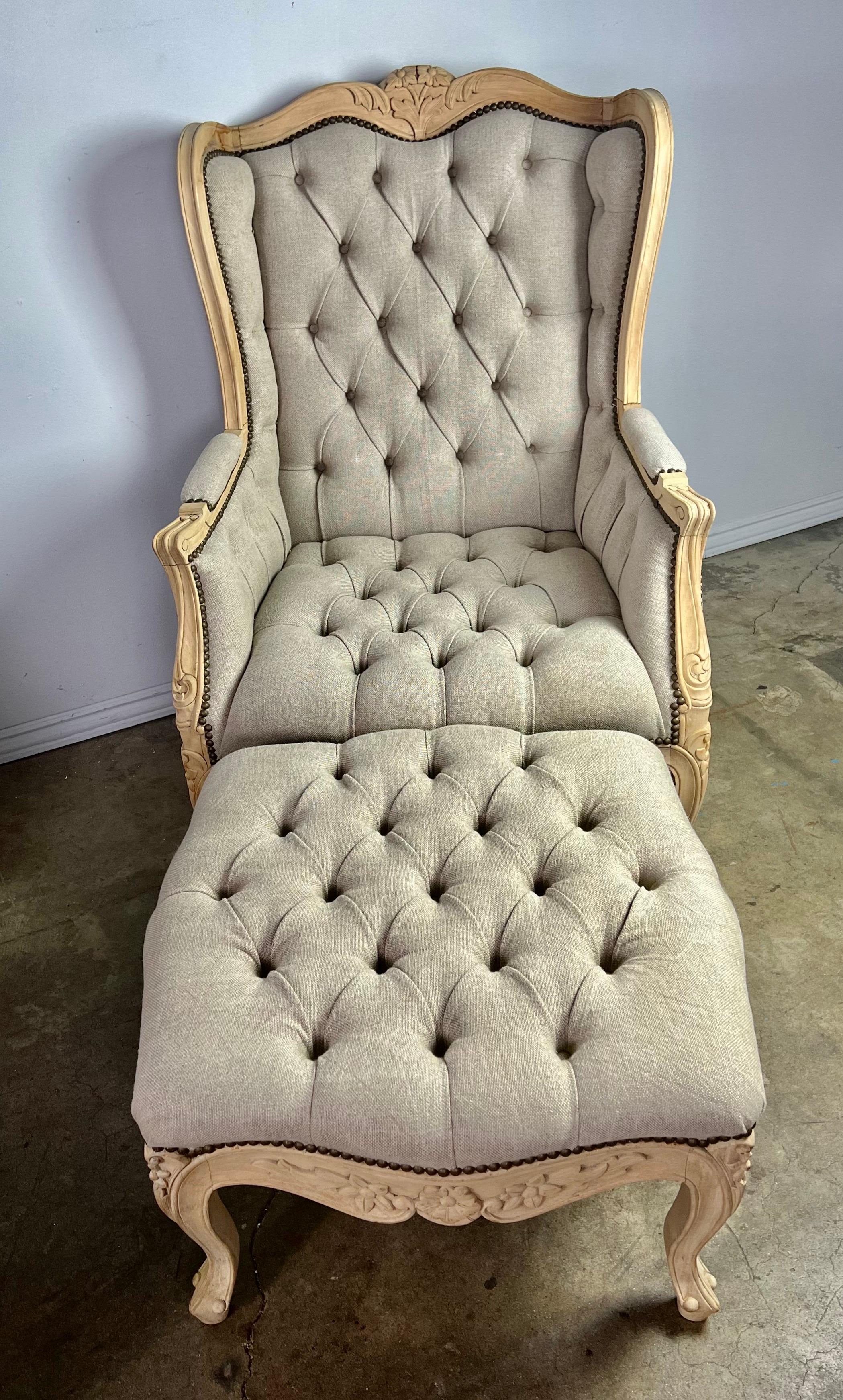 Bleached Pair of French Wingback Armchairs w/ Ottomans For Sale