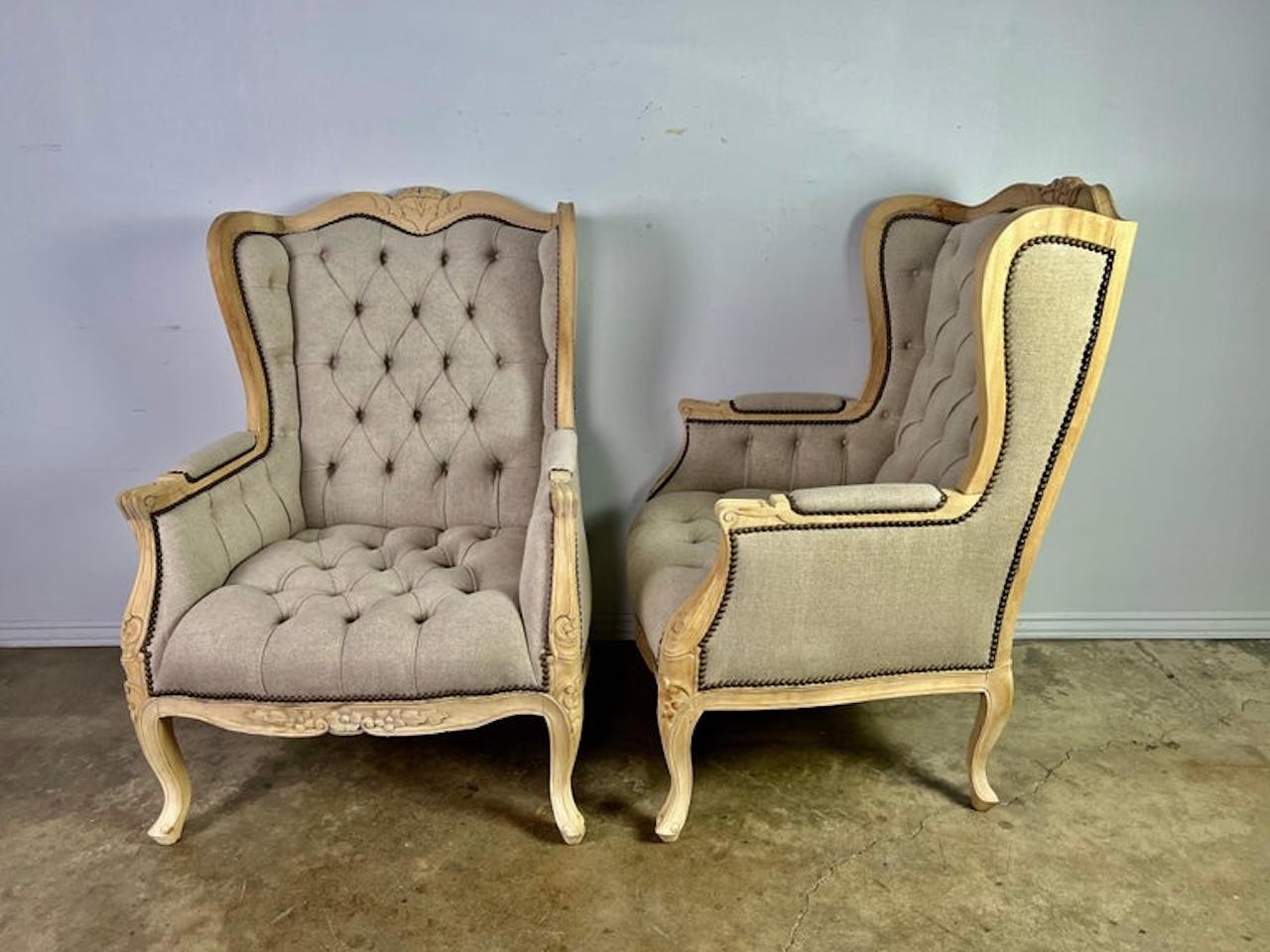 Bleached Pair of French Wingback Armchairs w/ Ottomans For Sale