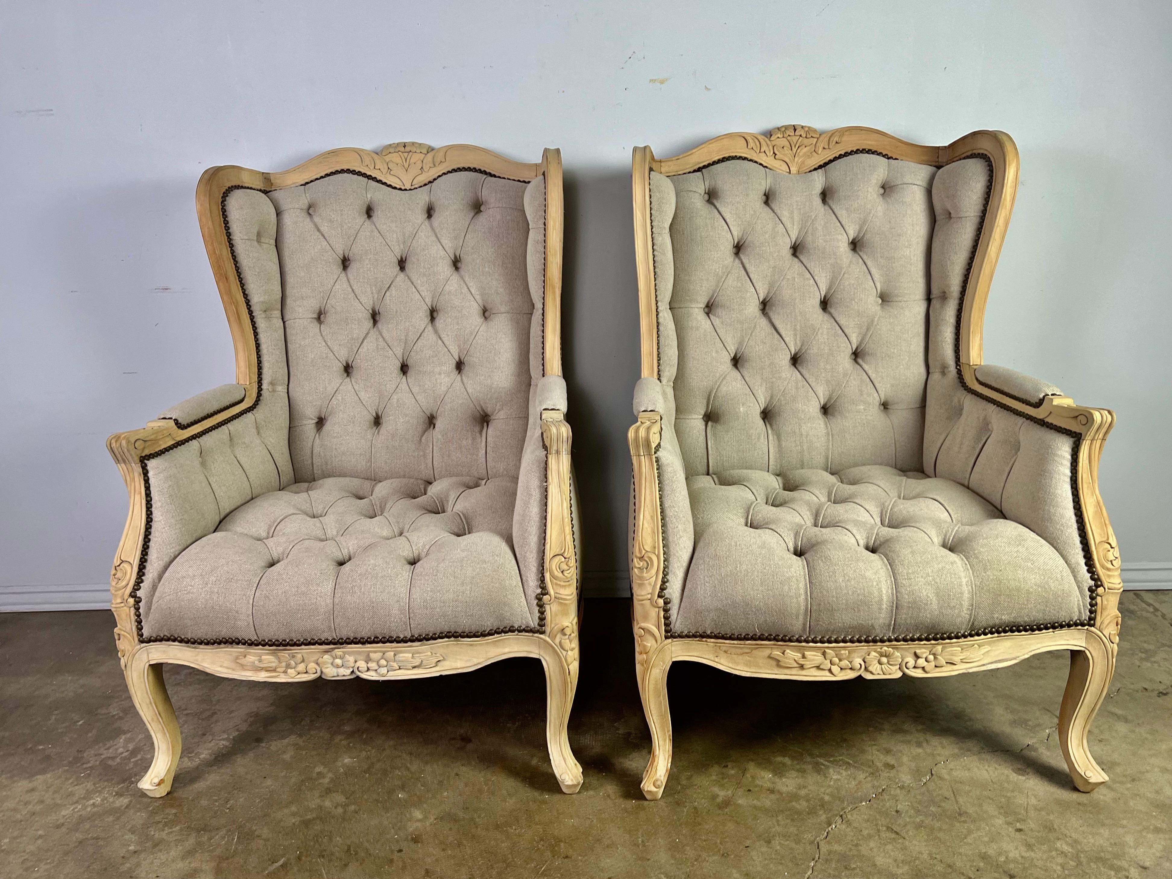 Mid-20th Century Pair of French Wingback Armchairs w/ Ottomans For Sale