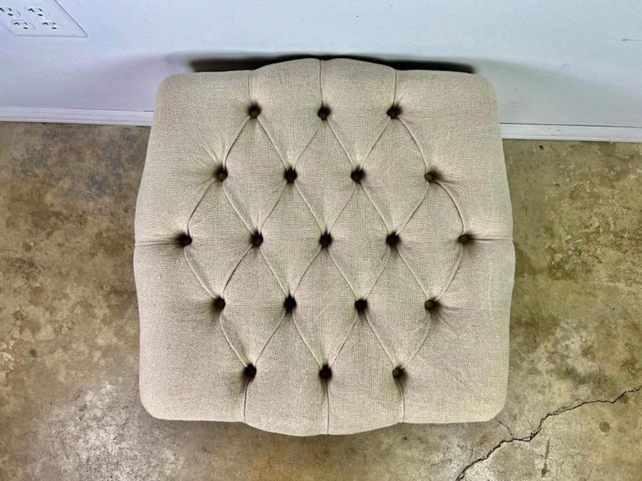 Linen Pair of French Wingback Armchairs w/ Ottomans For Sale