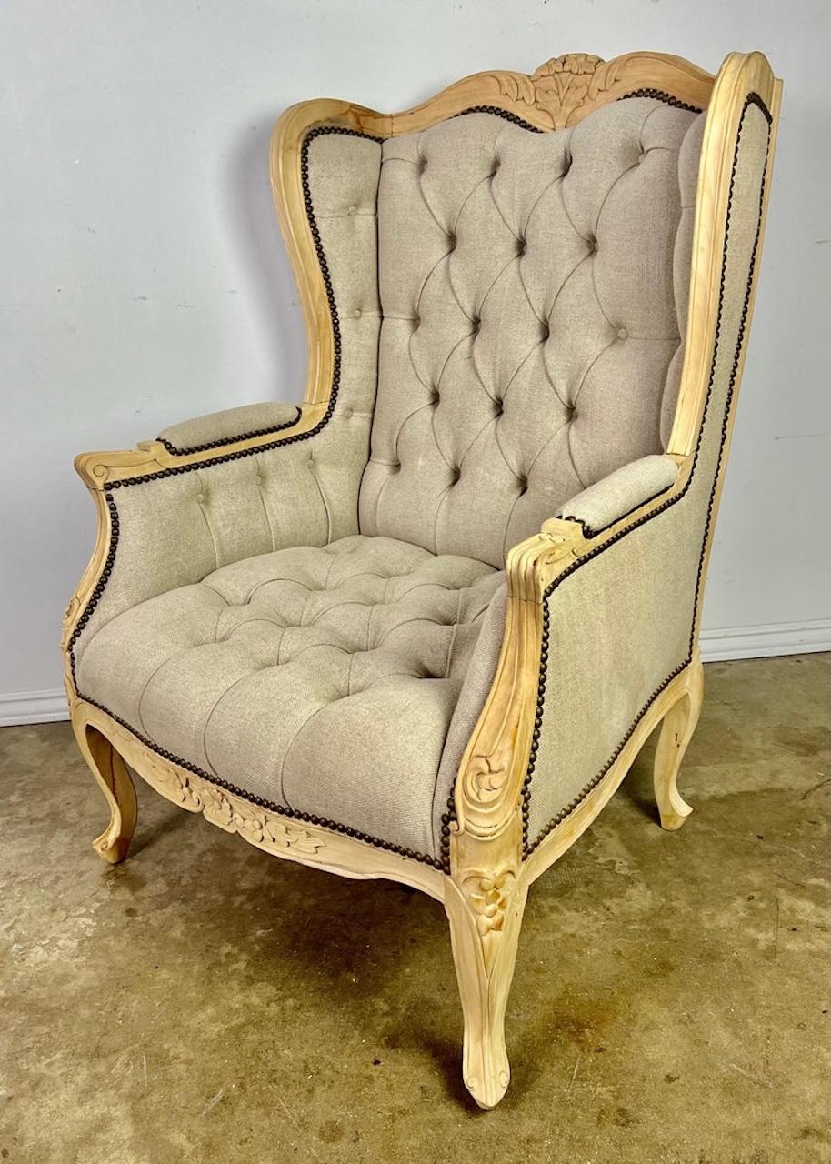 Pair of French Wingback Armchairs w/ Ottomans For Sale 2