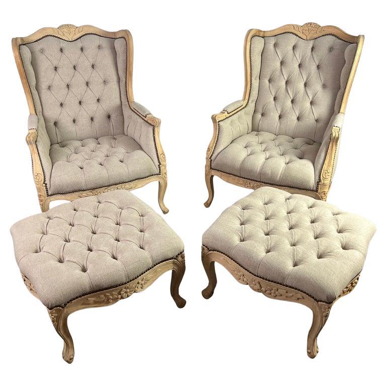 Pair of French Wingback Armchairs w/ Ottomans For Sale