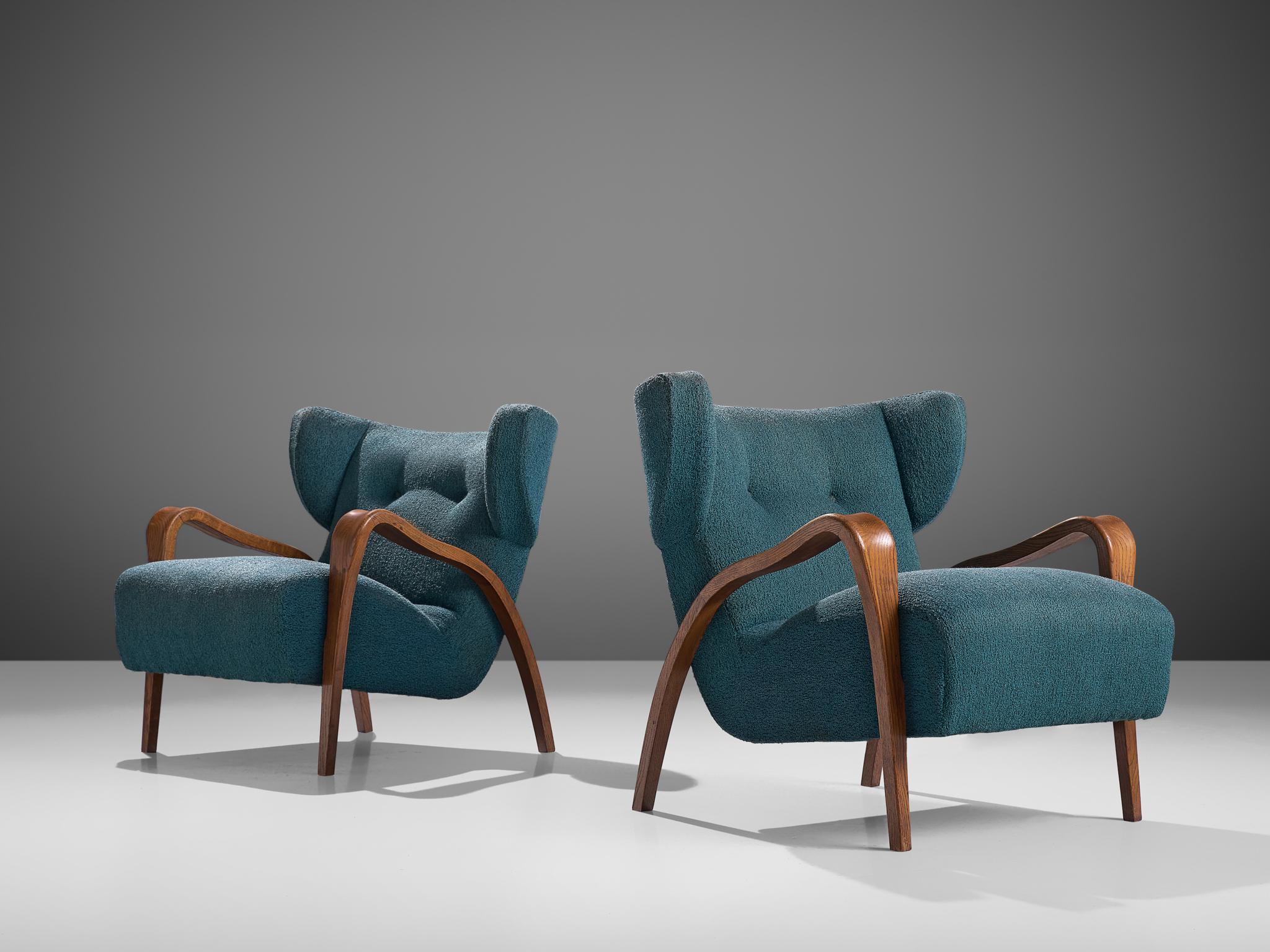Mid-20th Century Pair of French Wingback Chairs in Blue Fabric