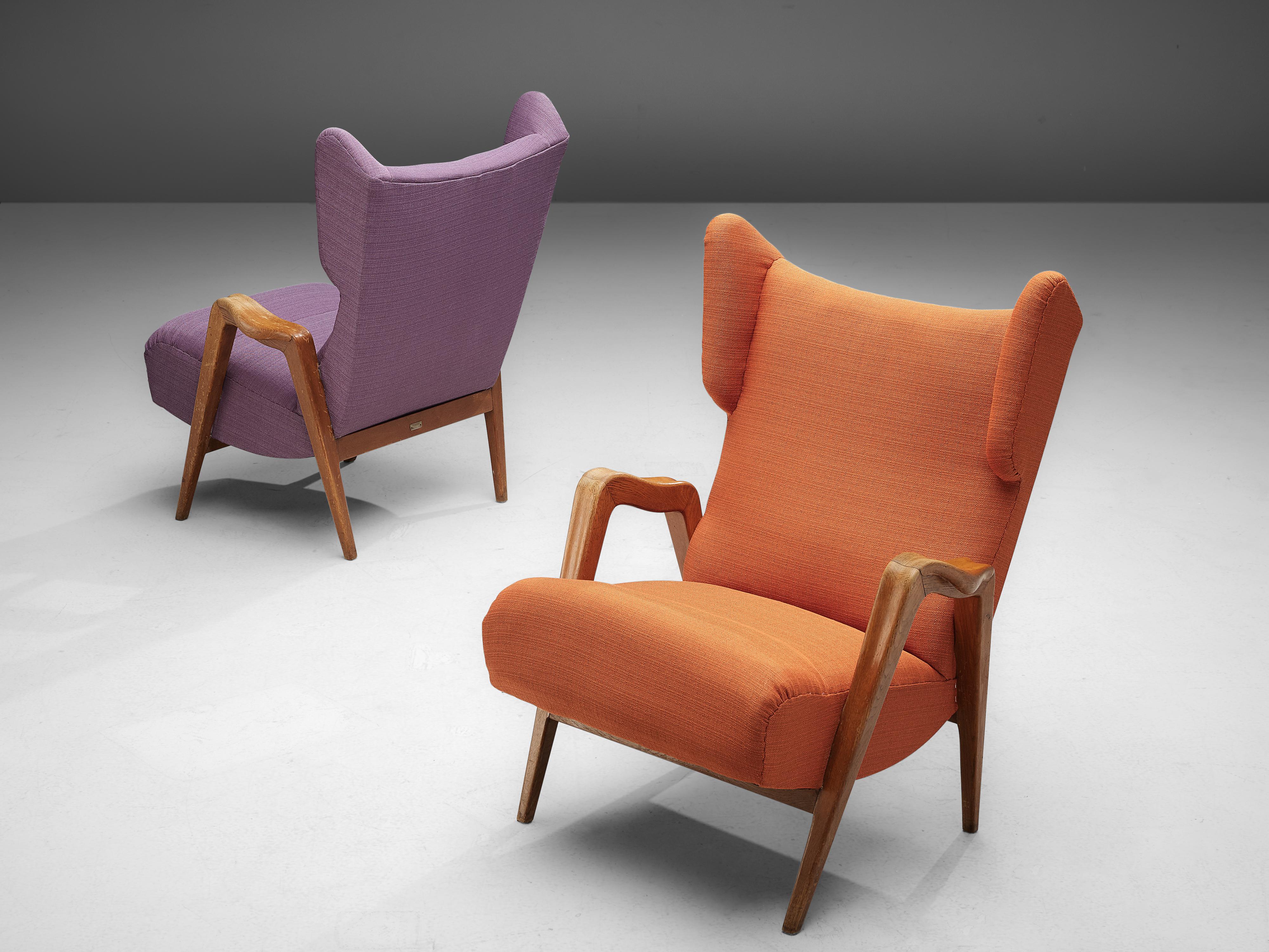 Fabric Pair of Wingback Lounge Chairs with Oak Frame