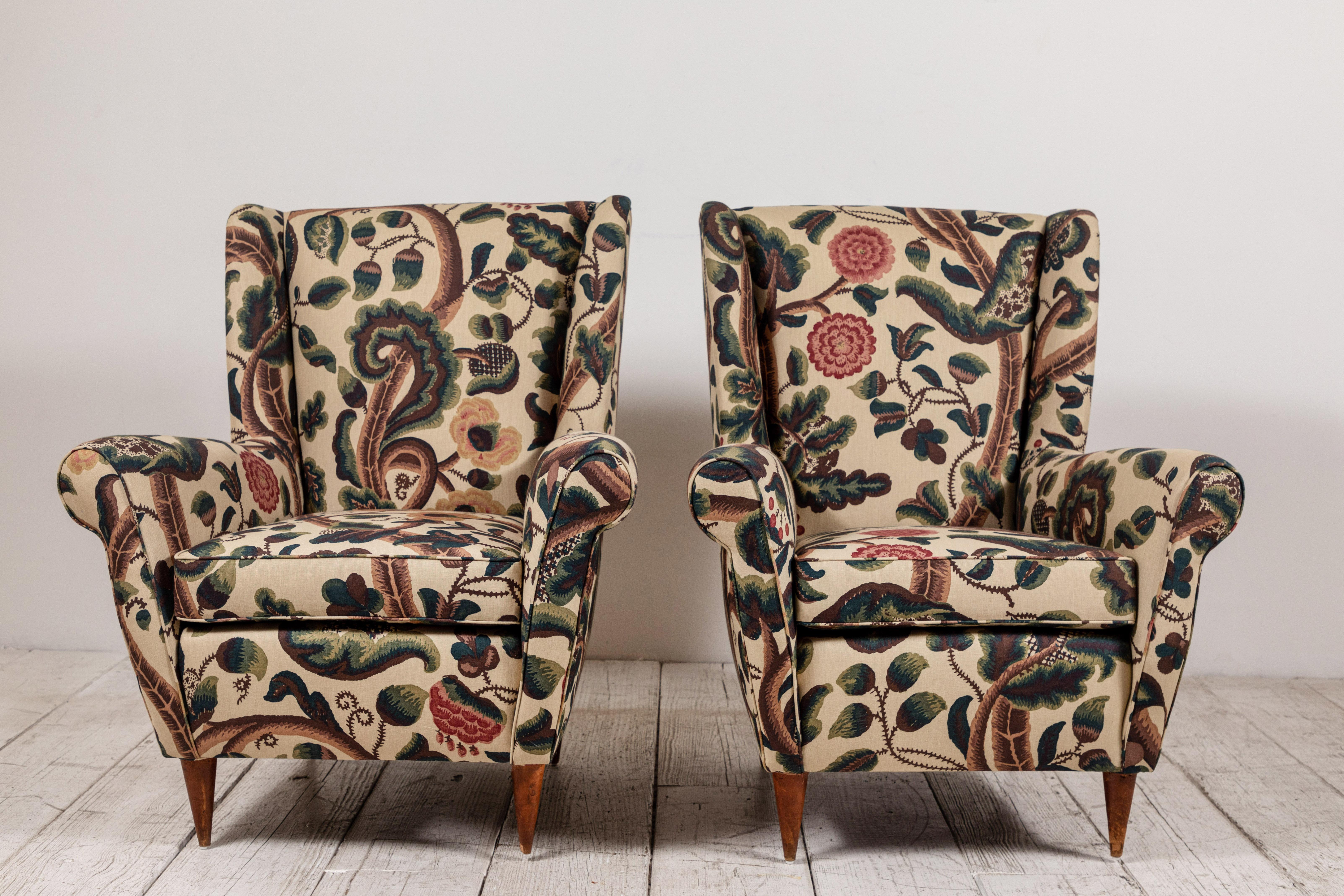Beautiful pair of midcentury French wingback chairs newly upholstered in Claremont 