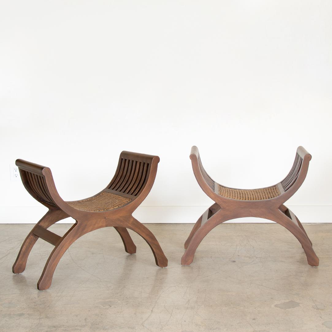 Pair of French Wood and Cane Stools In Good Condition In Los Angeles, CA