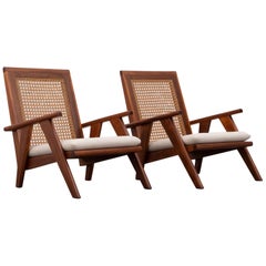 Pair of French Wood and Rattan Armchairs, 1950s