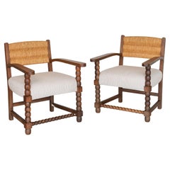 Vintage Pair of French Wood And Rush Armchairs