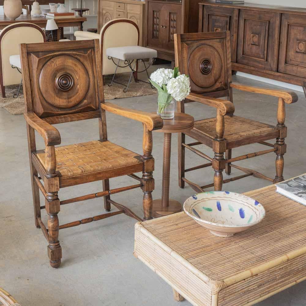 Francese Coppia di sedie francesi in legno e tessuto di Charles Dudouyt in vendita