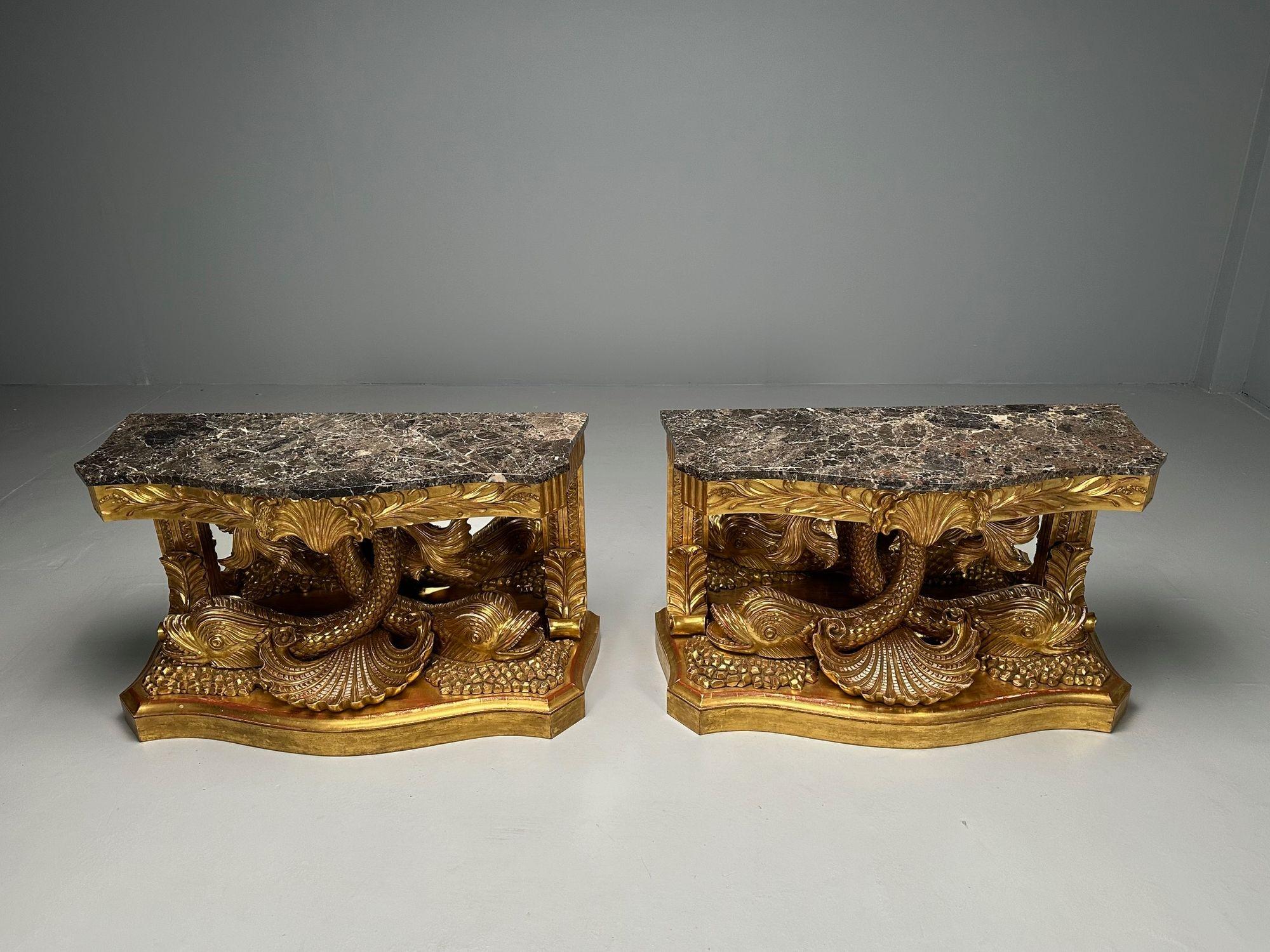 Pair of French Wood Carved Dolphin Console Tables, Pier Tables, Giltwood For Sale 6