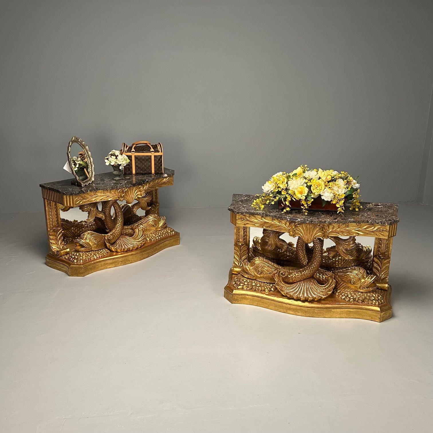 Pair of French Wood Carved Dolphin Console Tables, Marble Top, Giltwood, Made in France

A Large and Impressive pair of full bodied Dolphin solid wood carved console or pier tables. Each on a curved fine water gilt over clay base having opposing