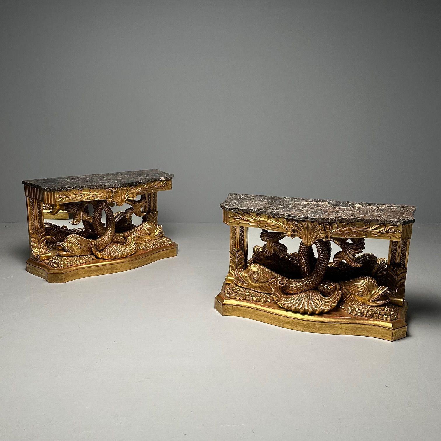 Mid-20th Century Pair of French Wood Carved Dolphin Console Tables, Pier Tables, Giltwood For Sale