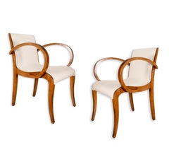Pair of French Wood Frame White Fabric Art Deco Style Accent Chairs