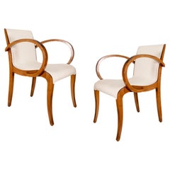 Pair of French Wood Frame White Fabric Art Deco Style Accent Chairs