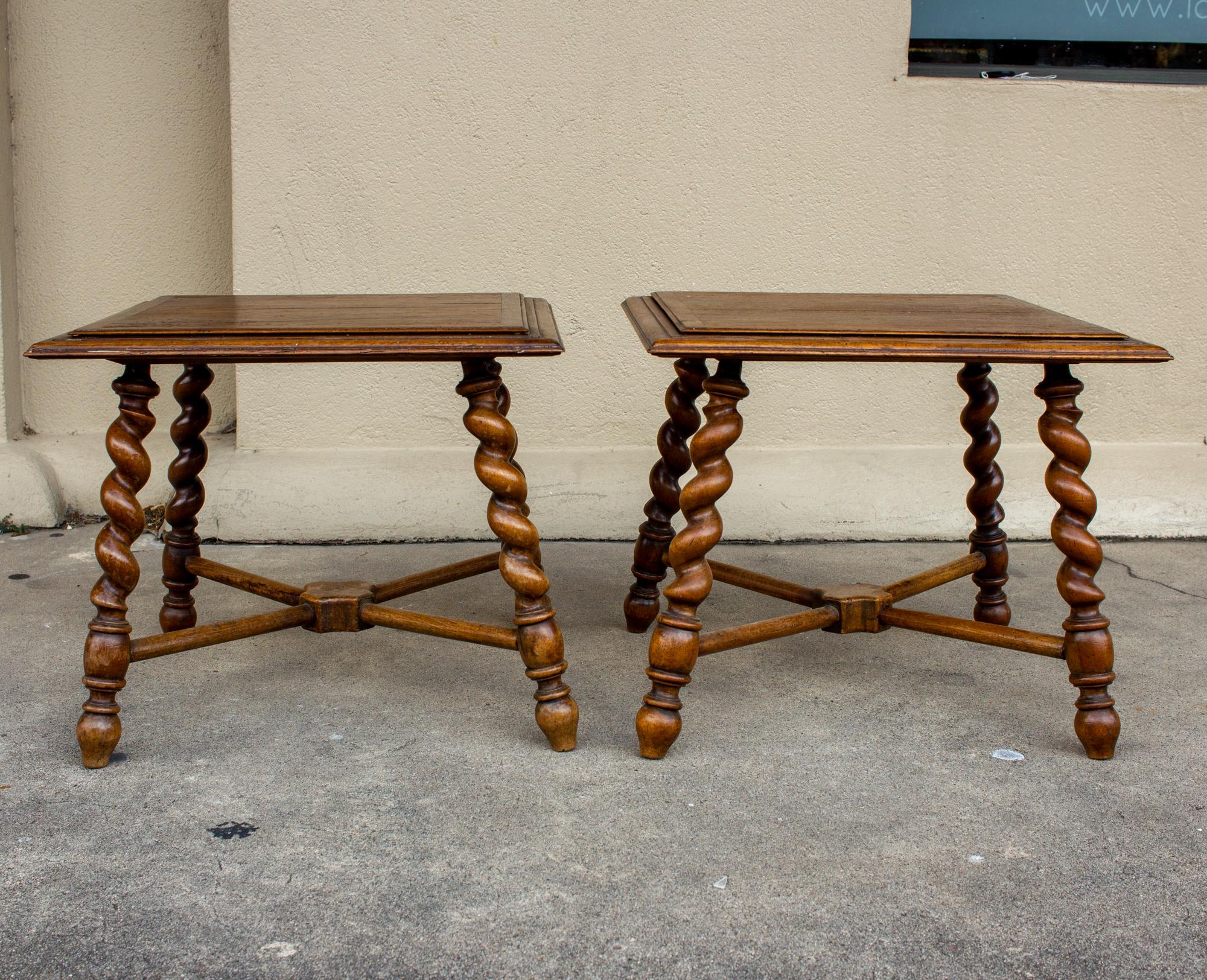 Hand-Carved Pair of French Wood Jacobean Style Barley Twist Leg Side Tables, circa 1900