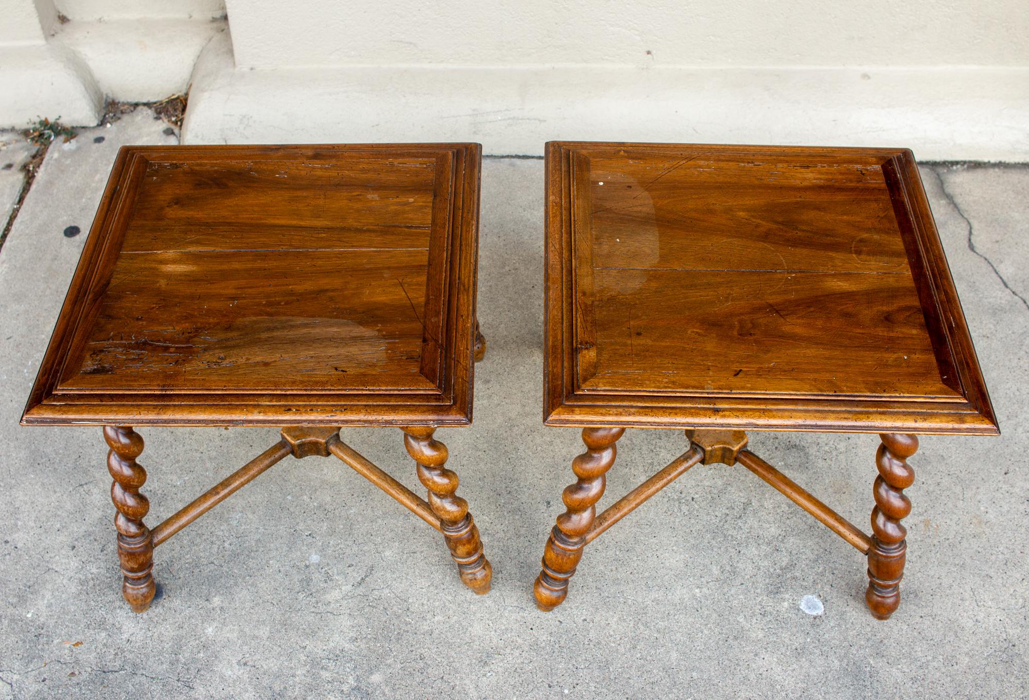 Pair of French Wood Jacobean Style Barley Twist Leg Side Tables, circa 1900 In Good Condition In Houston, TX