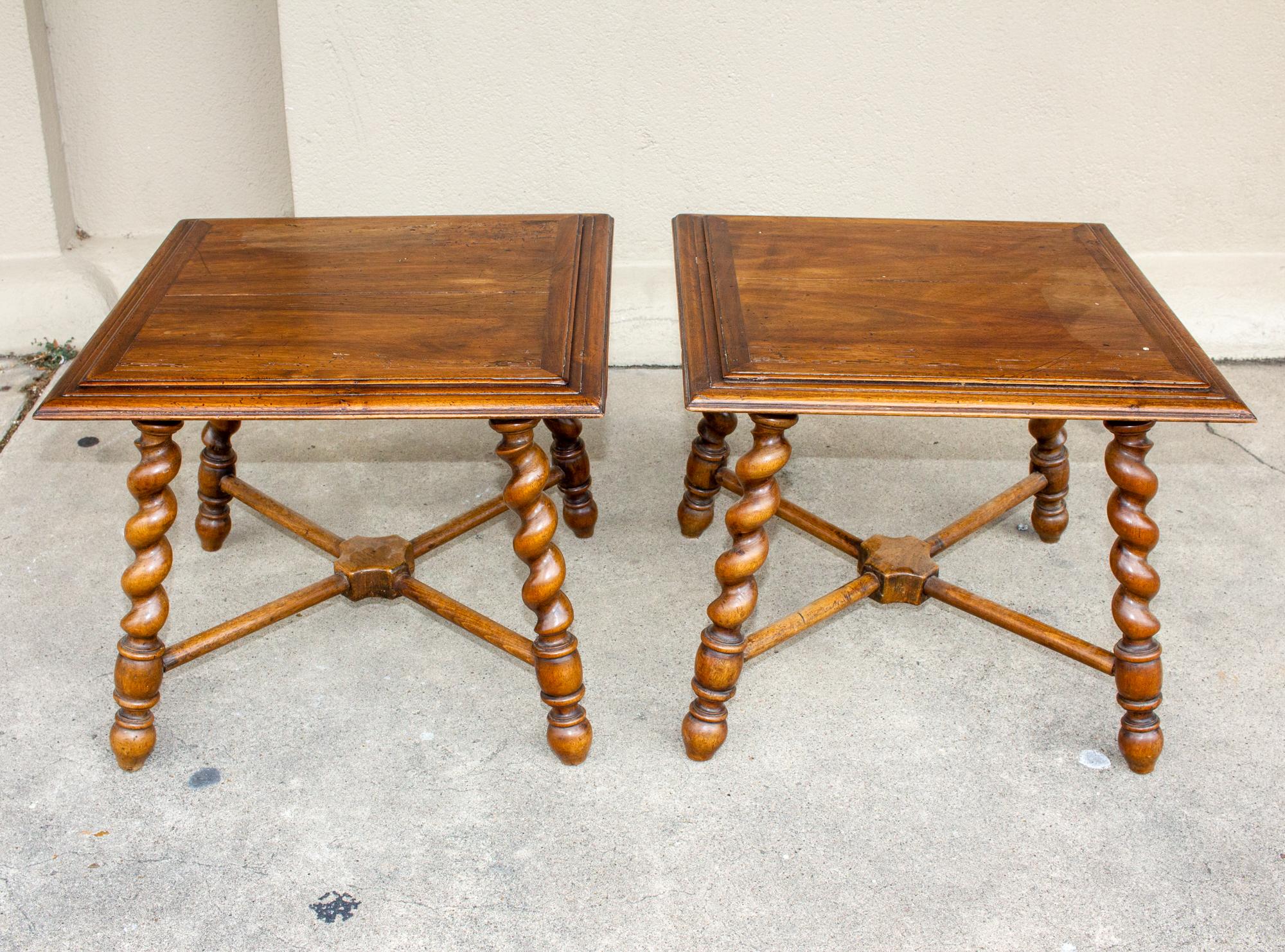Pair of French Wood Jacobean Style Barley Twist Leg Side Tables, circa 1900 1