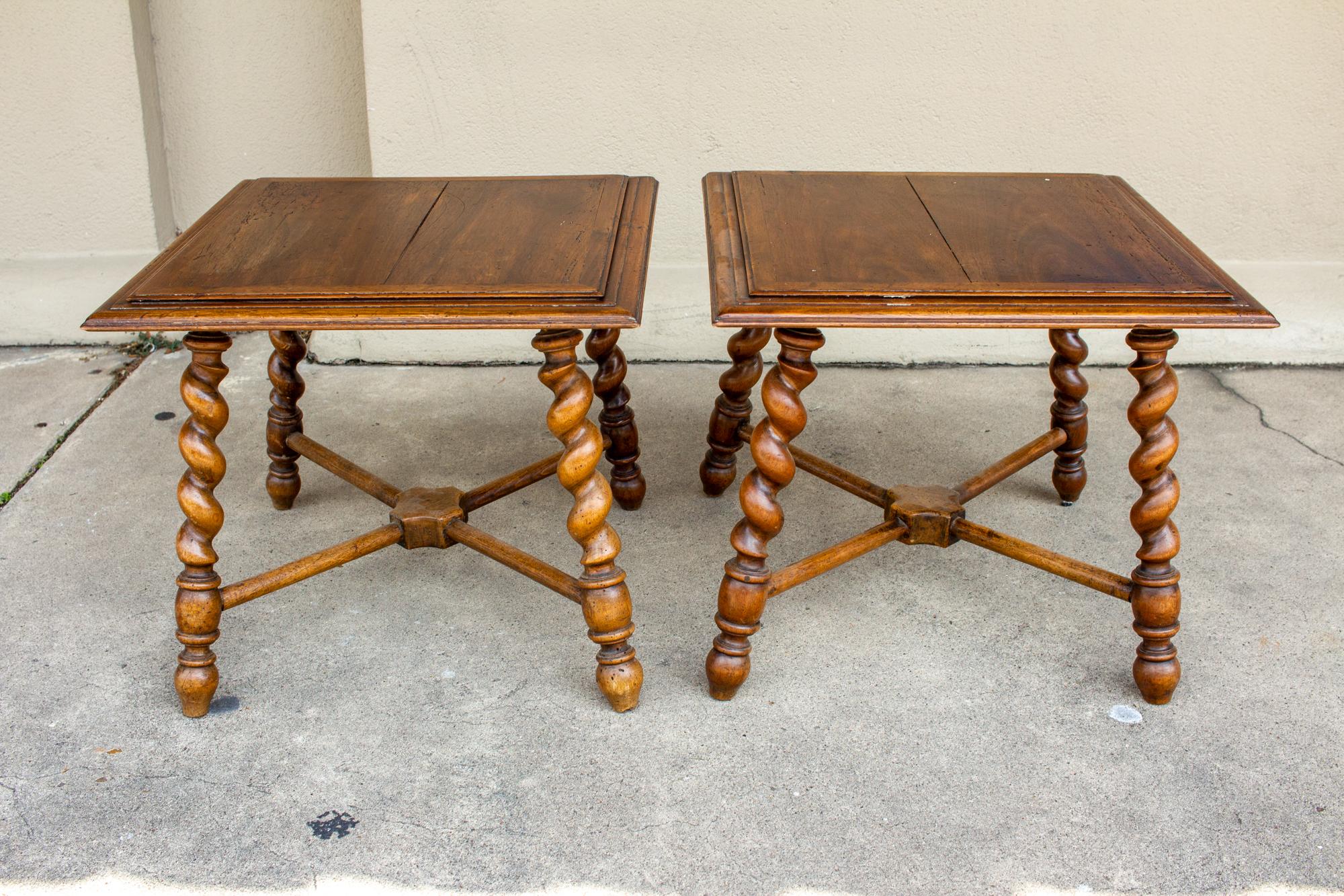 Pair of French Wood Jacobean Style Barley Twist Leg Side Tables, circa 1900 2