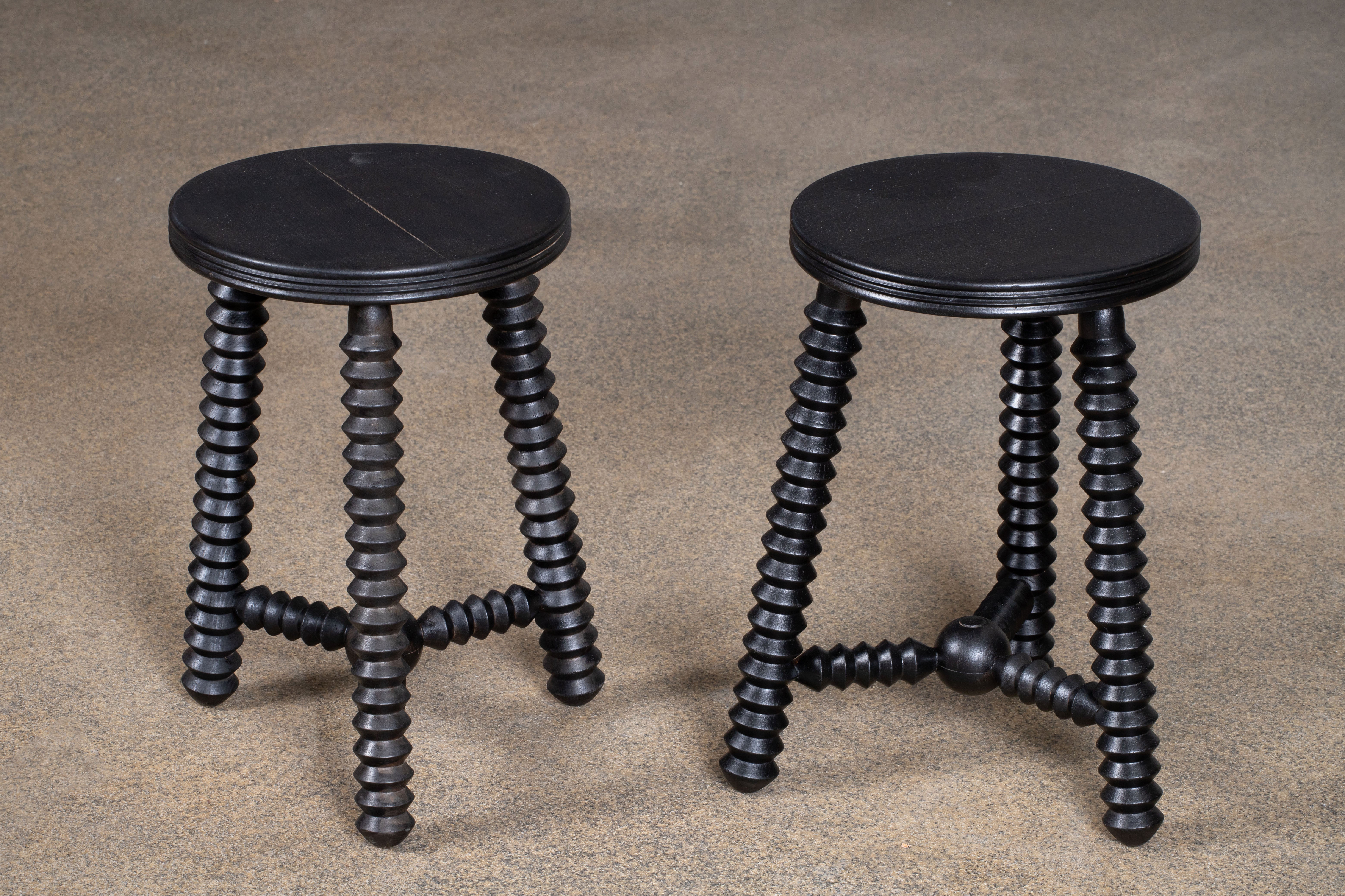 Brutalist Pair of French Wood Stools or Side Table, Charles Dudouyt