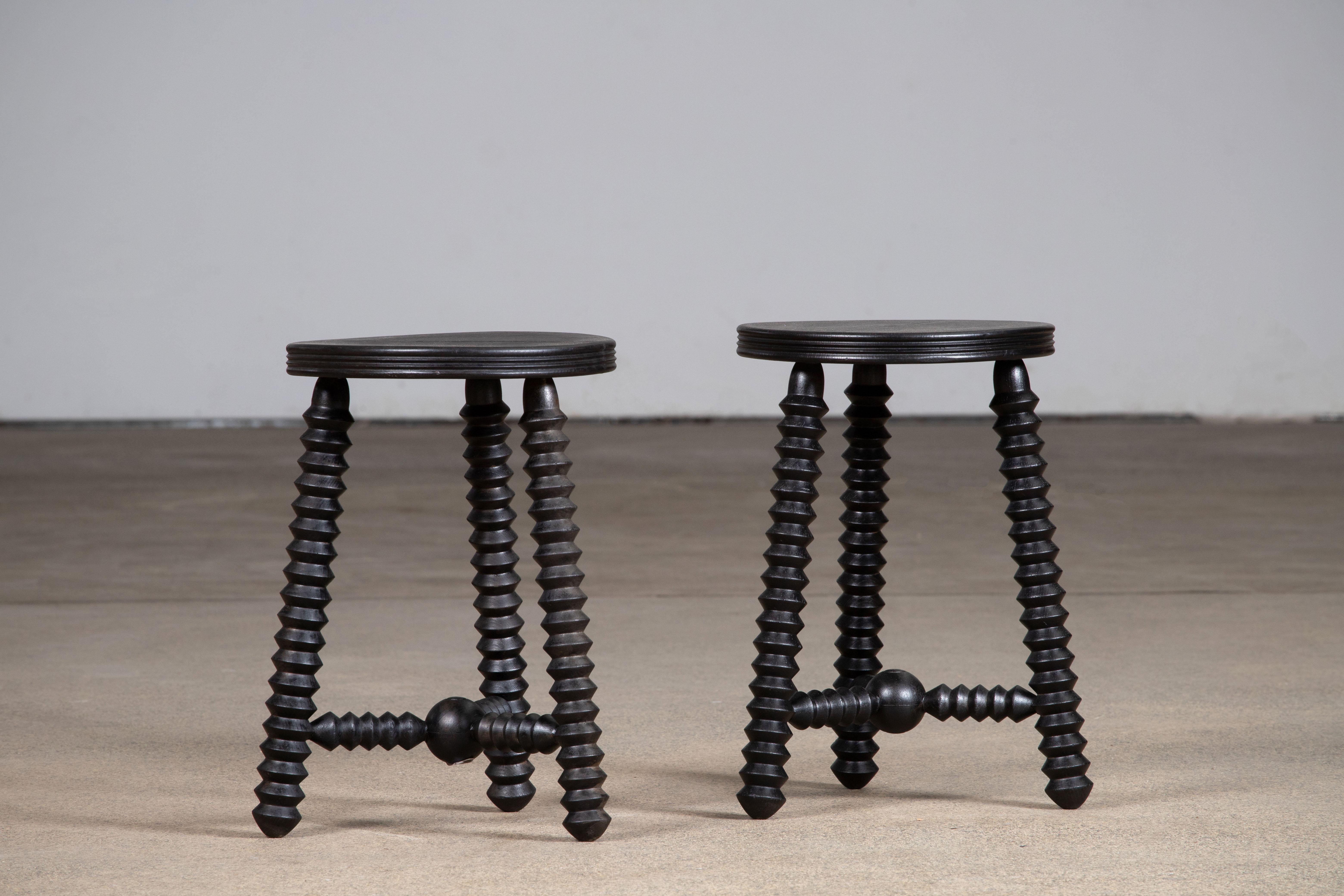Mid-20th Century Pair of French Wood Stools or Side Table, Charles Dudouyt
