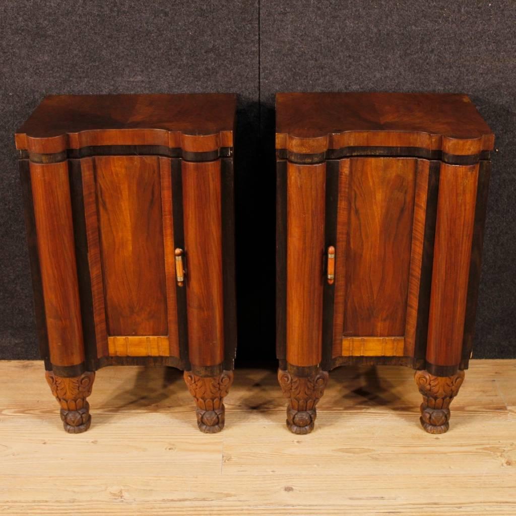 Pair of French bedside tables from 20th century. Art Deco style furniture of particular shape and construction in walnut, mahogany, palisander and maple woods. One-door bedside tables with internal shelf of good service. Furniture frontally