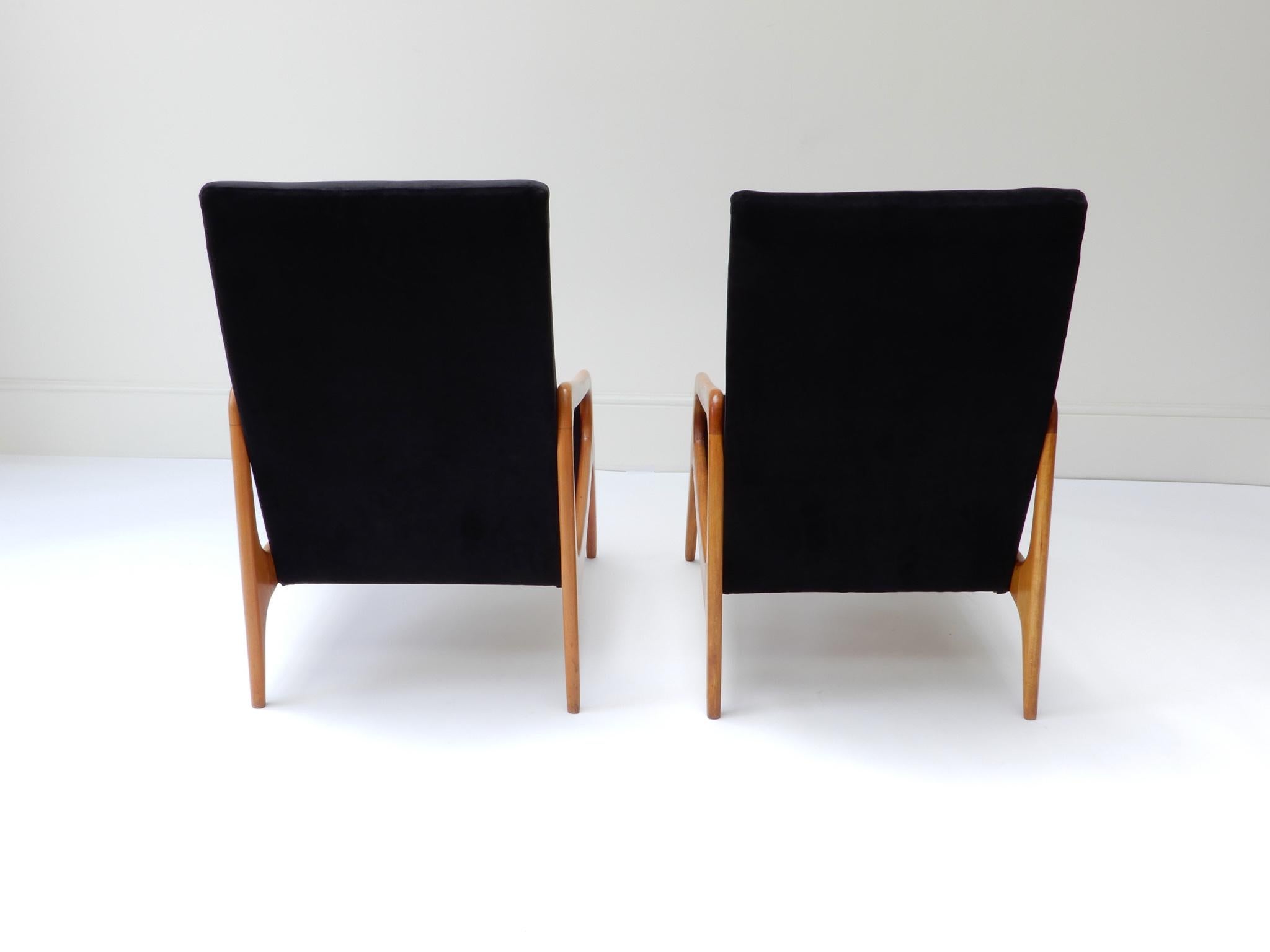 Mid-Century Modern Pair of French Wooden Black Velvet Chairs, 1960s