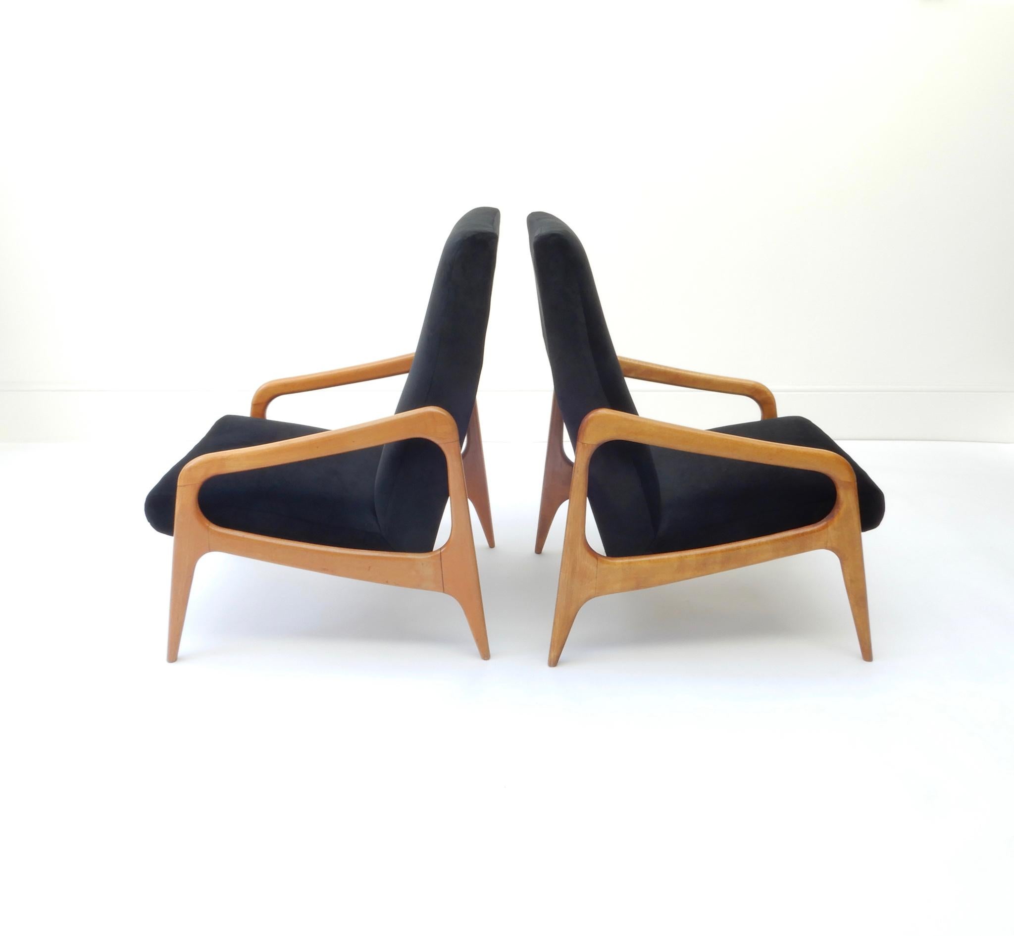 Mid-20th Century Pair of French Wooden Black Velvet Chairs, 1960s
