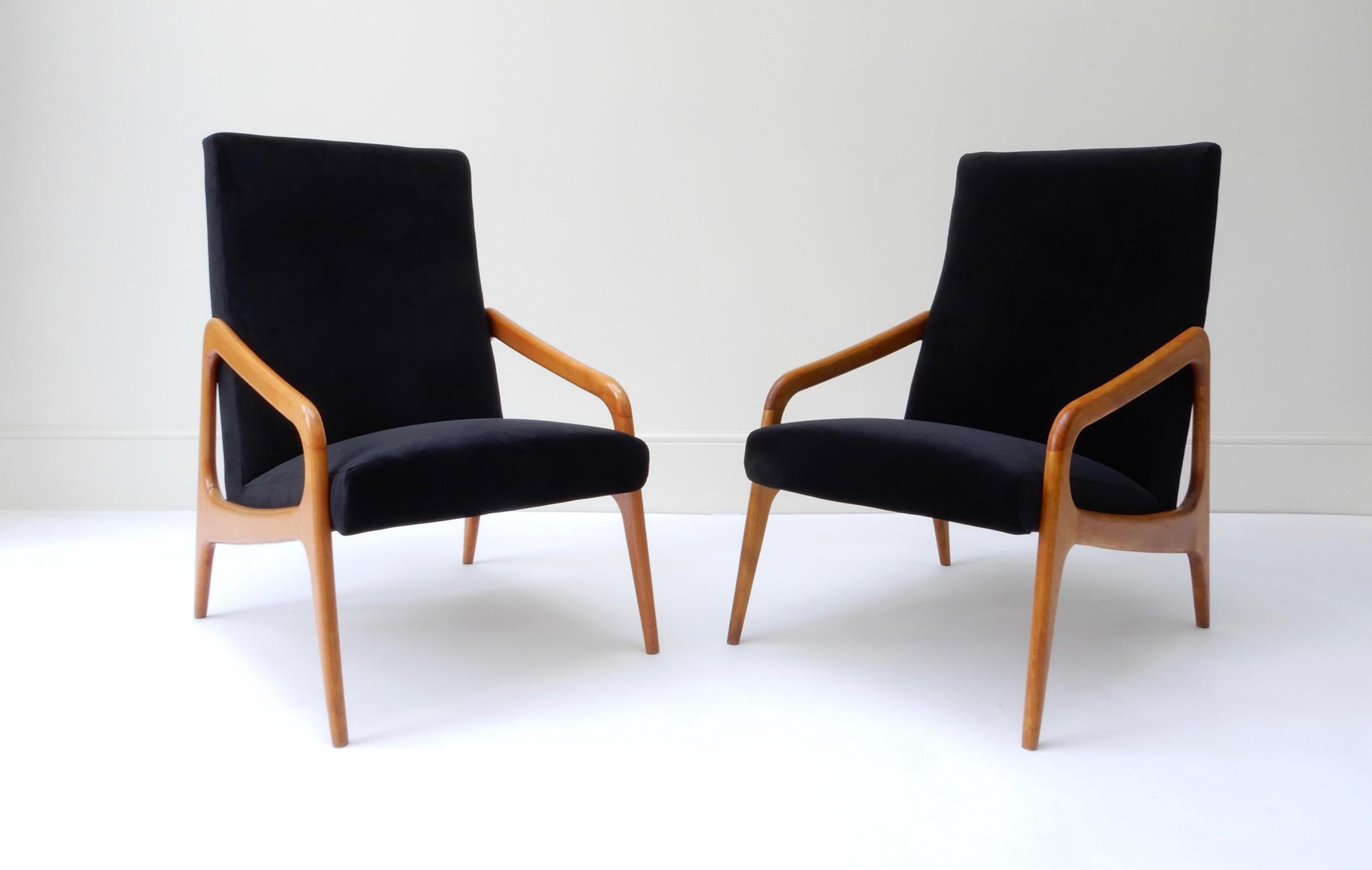 Pair of French Wooden Black Velvet Chairs, 1960s 1