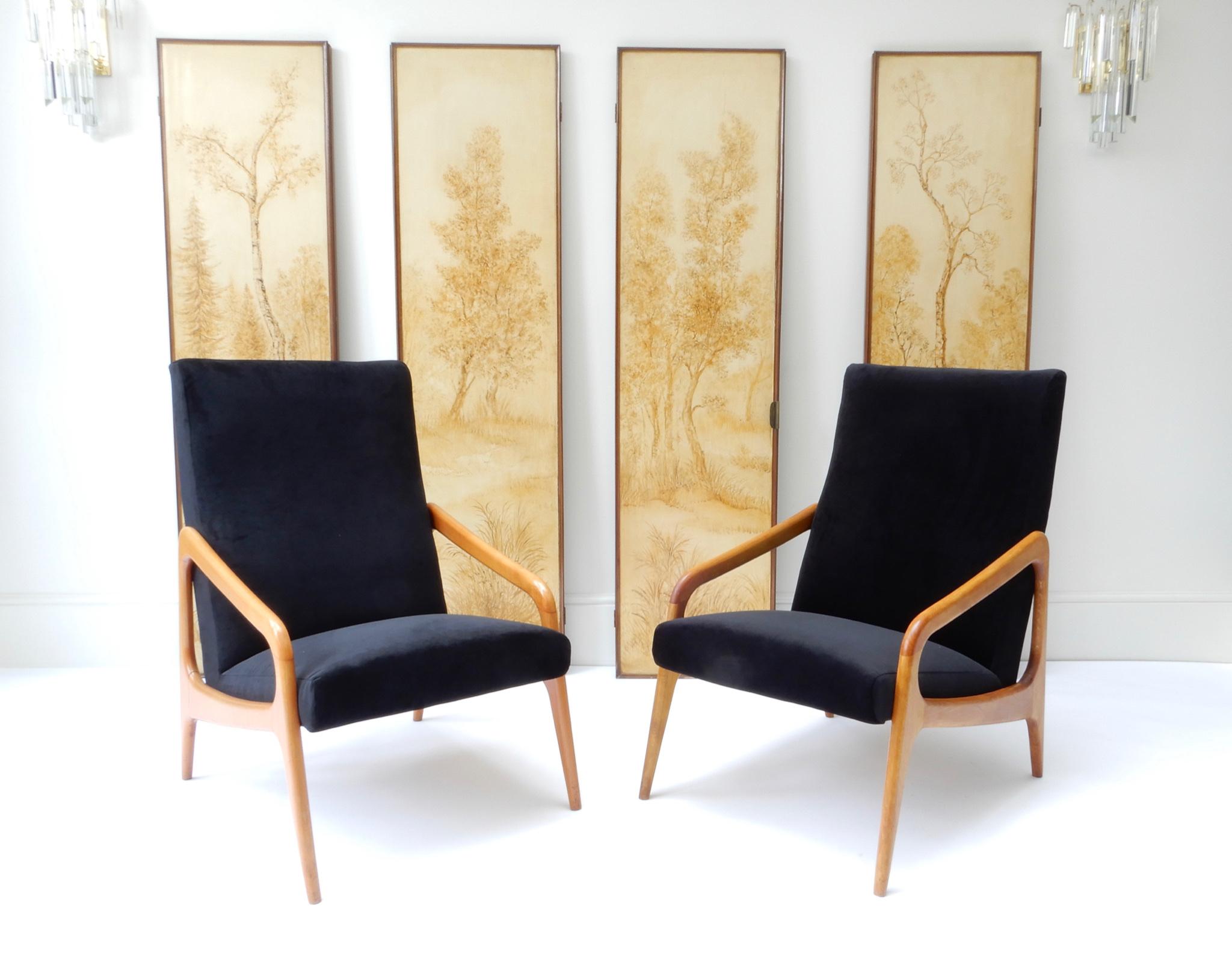 Pair of French Wooden Black Velvet Chairs, 1960s 2