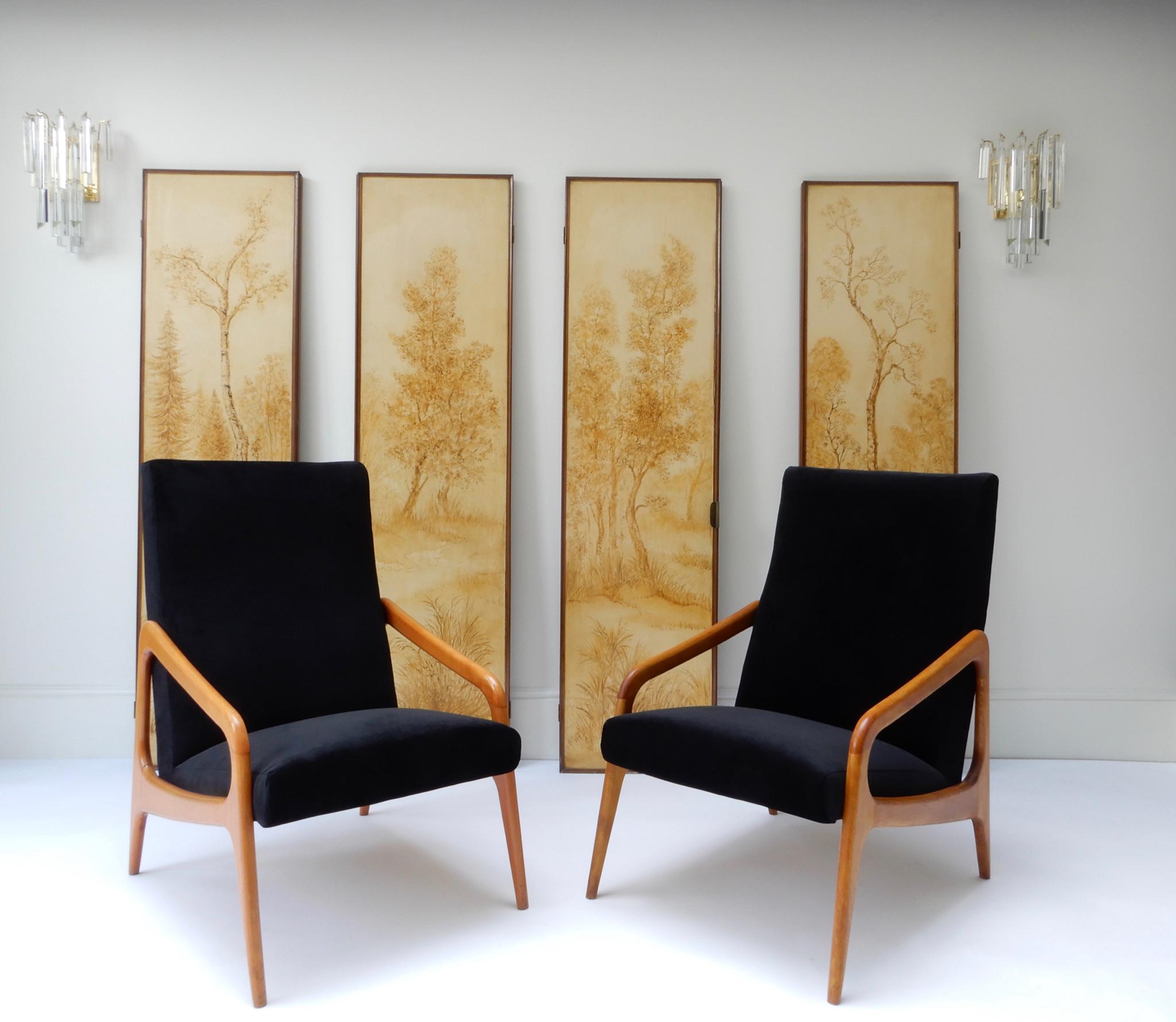 Pair of French Wooden Black Velvet Chairs, 1960s 3