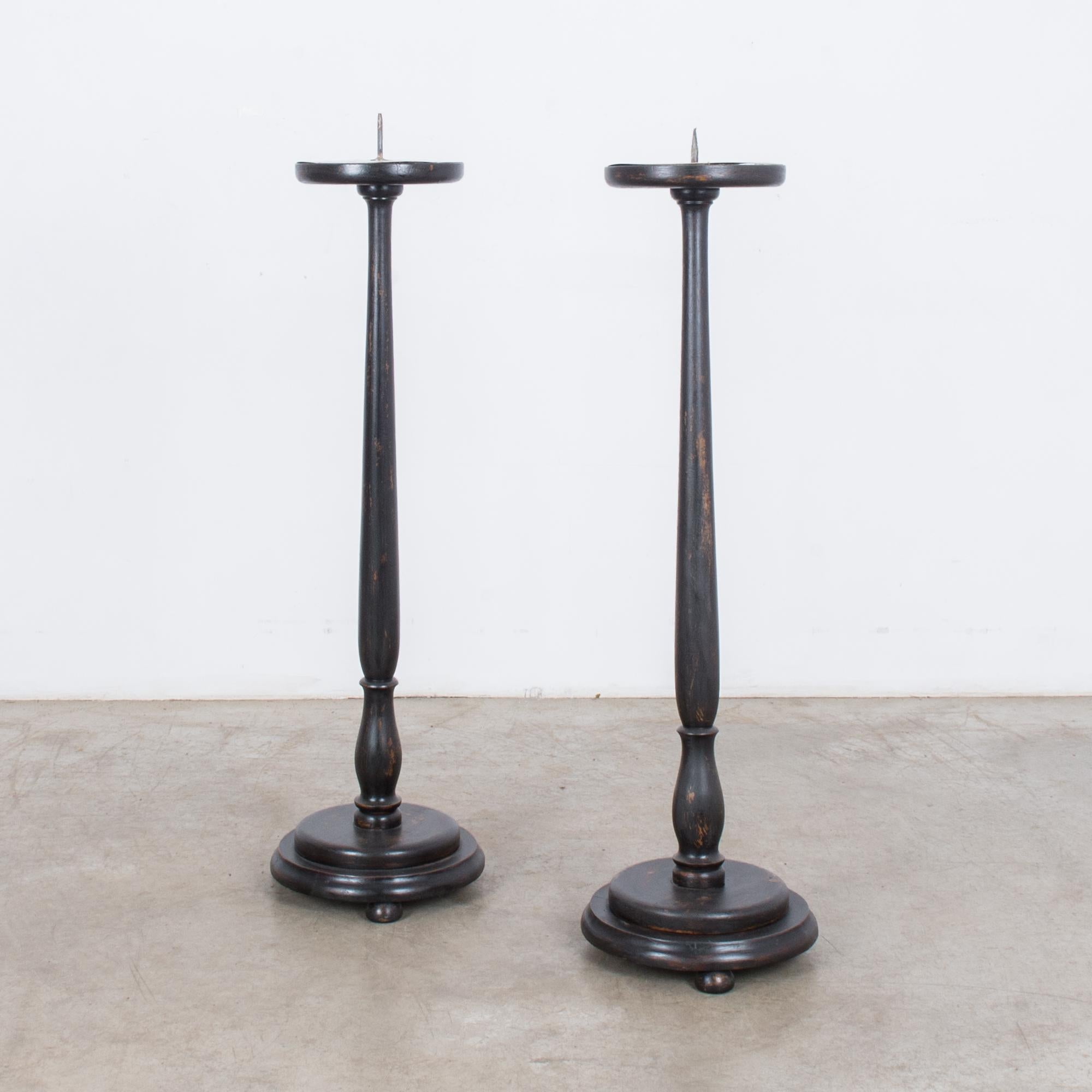 French Provincial Pair of French Wooden Candlesticks, 1900s