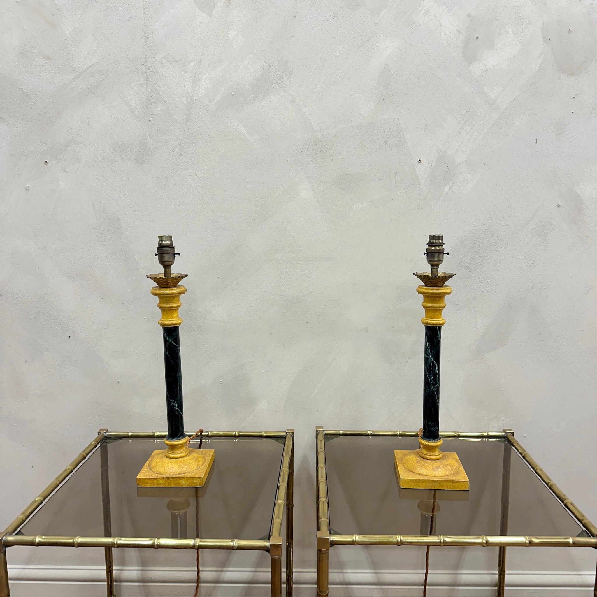 A stylish pair of Faux Marble, Painted Wood Table Lamps with brass collars.
Wired and tested.

France, circa 1950.

Height - 55 cm
Base - 12 cm x 12 cm 
Please message if any further info or photos are required 

We are happy to work with you with