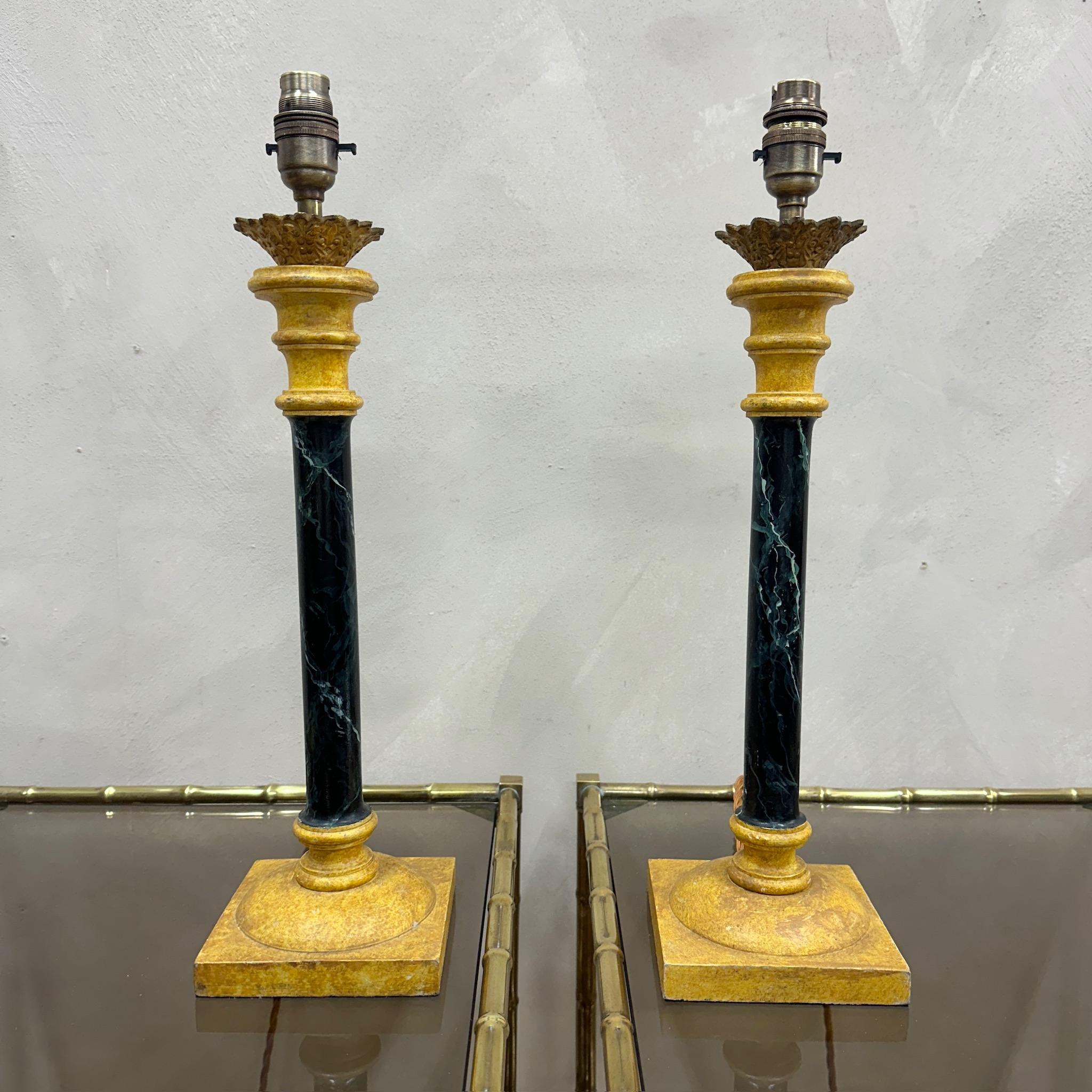 Hand-Crafted Pair of French Wooden Faux Marble Lamps For Sale