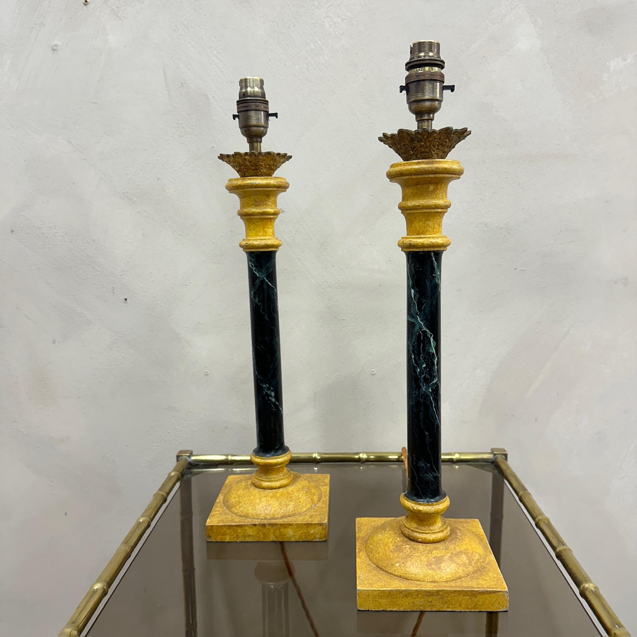 Mid-20th Century Pair of French Wooden Faux Marble Lamps For Sale