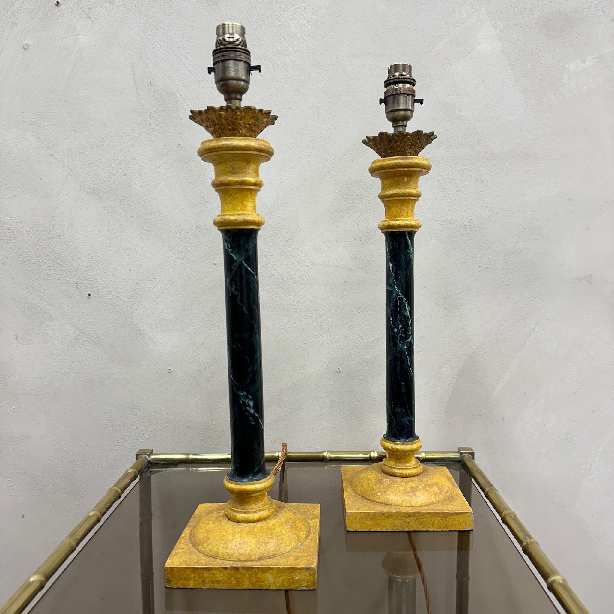 Pair of French Wooden Faux Marble Lamps For Sale 1