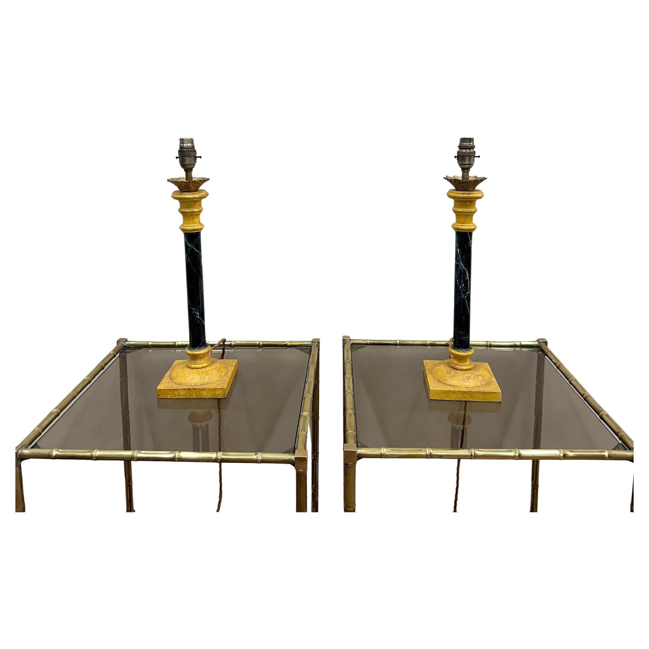 Pair of French Wooden Faux Marble Lamps For Sale