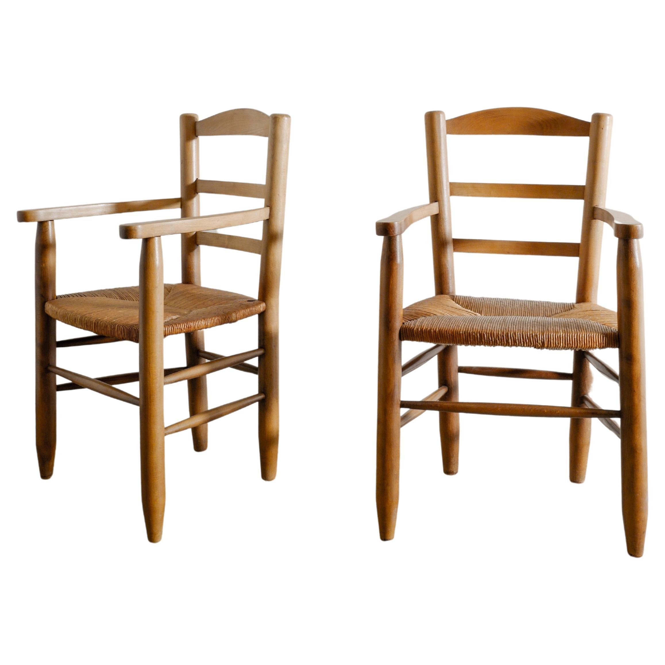 Pair of French Wooden Mid Century Side Armchairs in Elm & Straw Rattan, 1950s